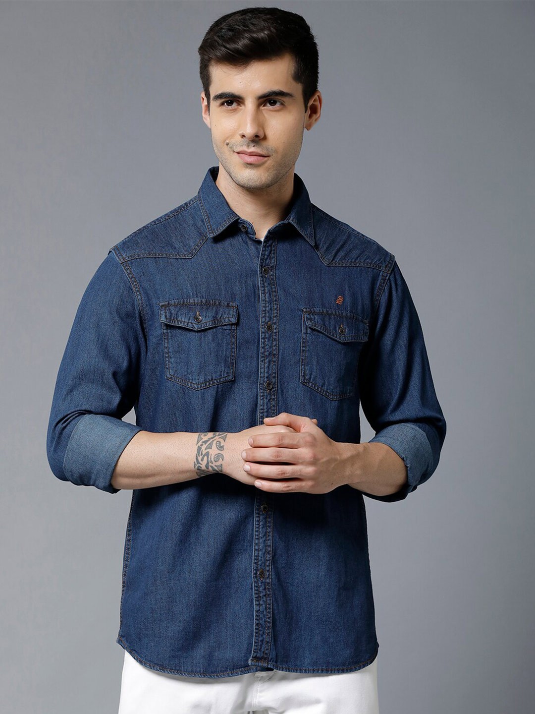 

Double Two India Slim Fit Denim Cotton Casual Shirt, Blue
