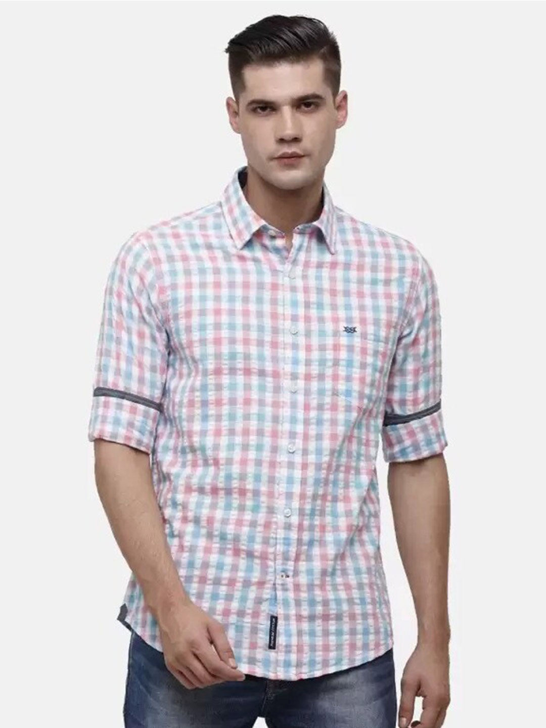 

Double Two Slim Fit Checked Casual Shirt, Pink