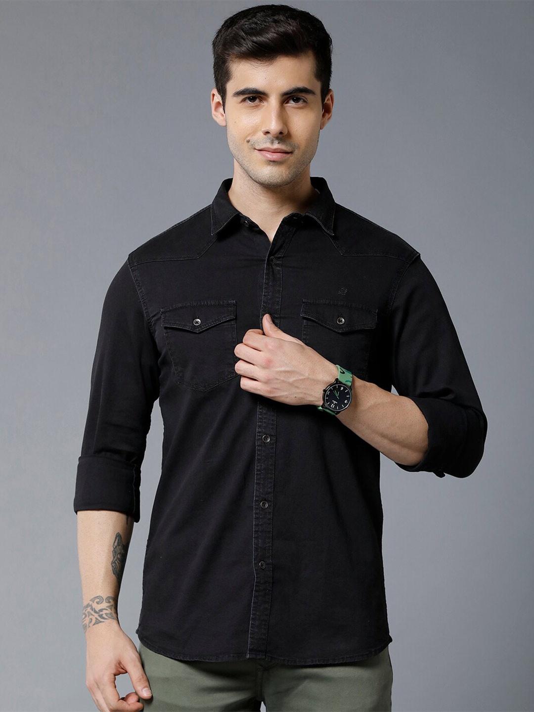 

Double Two India Slim Spread Collar Cotton Casual Shirt, Black