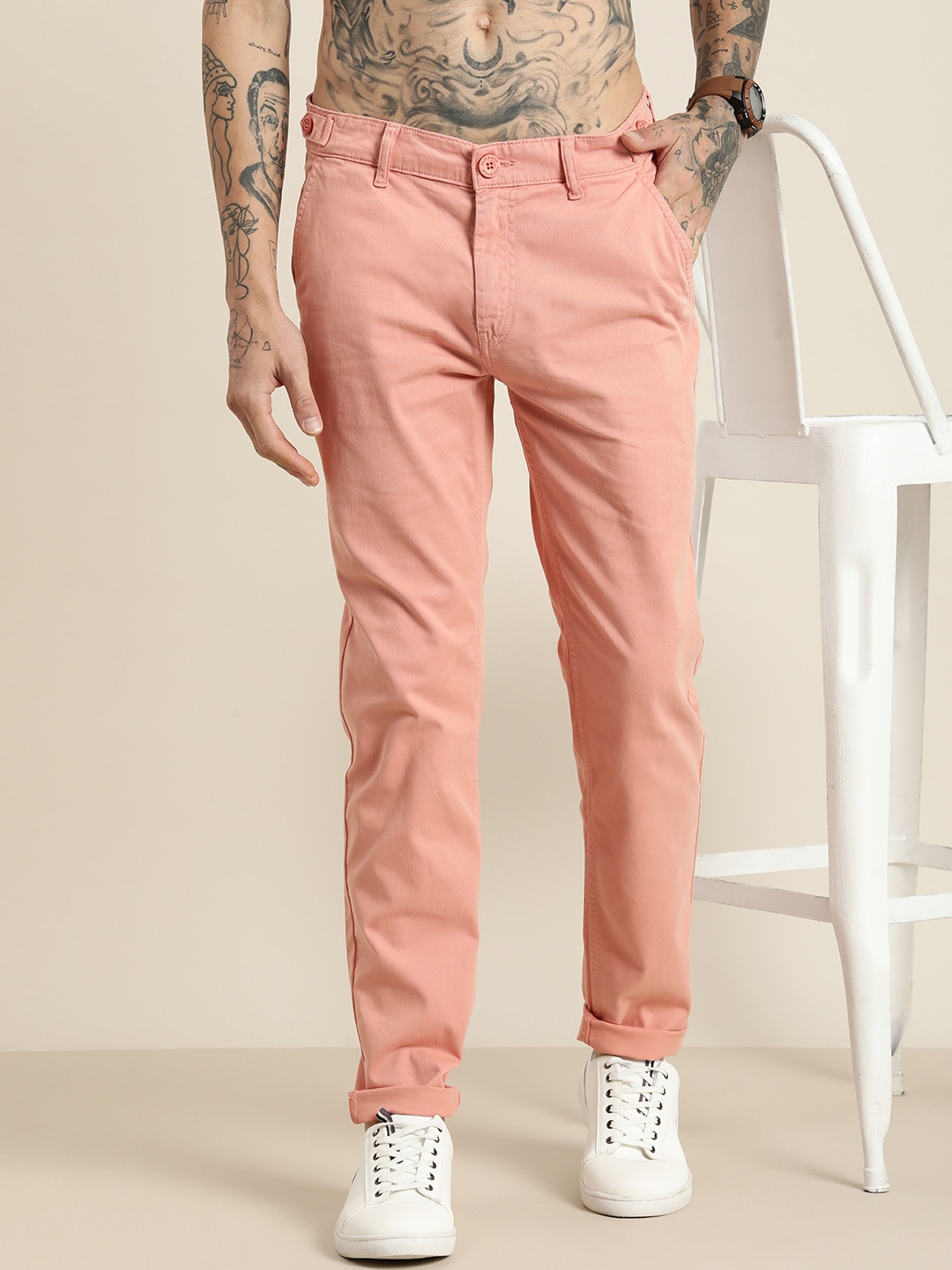 

HERE&NOW Men Mid-Rise Tapered Fit Chinos Trousers, Peach