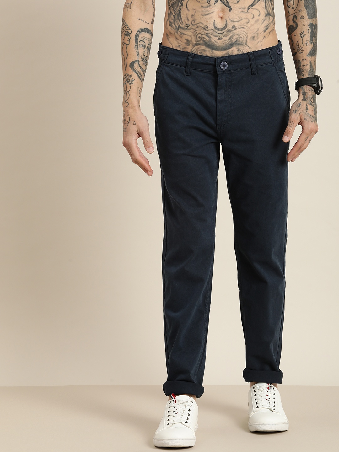 

HERE&NOW Men Mid-Rise Tapered Fit Chinos Trousers, Navy blue