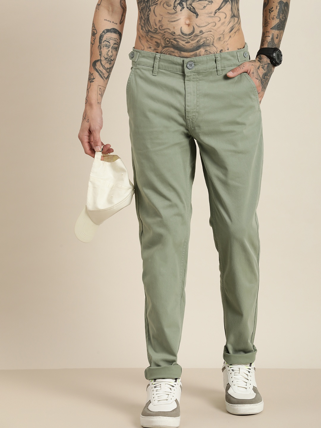 

HERE&NOW Men Mid-Rise Tapered Fit Chinos Trousers, Olive