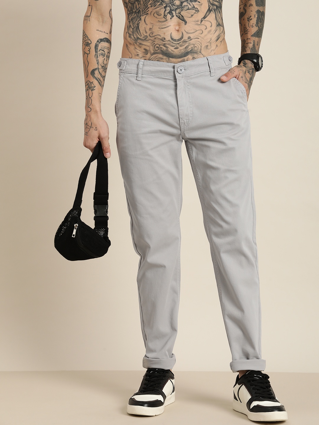 

HERE&NOW Men Mid-Rise Tapered Fit Chinos Trousers, Grey