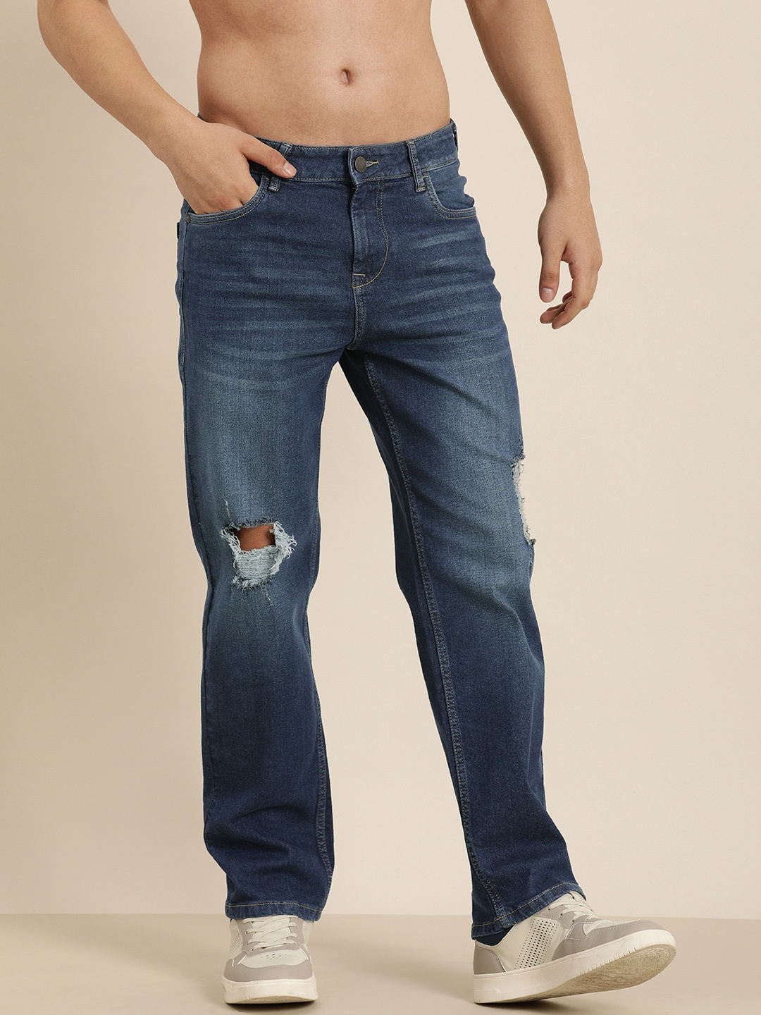 

HERE&NOW Men Low Distress Light Fade Stretchable Jeans, Navy blue
