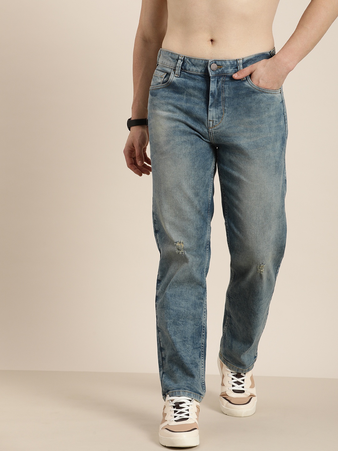 

HERE&NOW Men Slash Knee Heavy Fade Stretchable Jeans, Blue