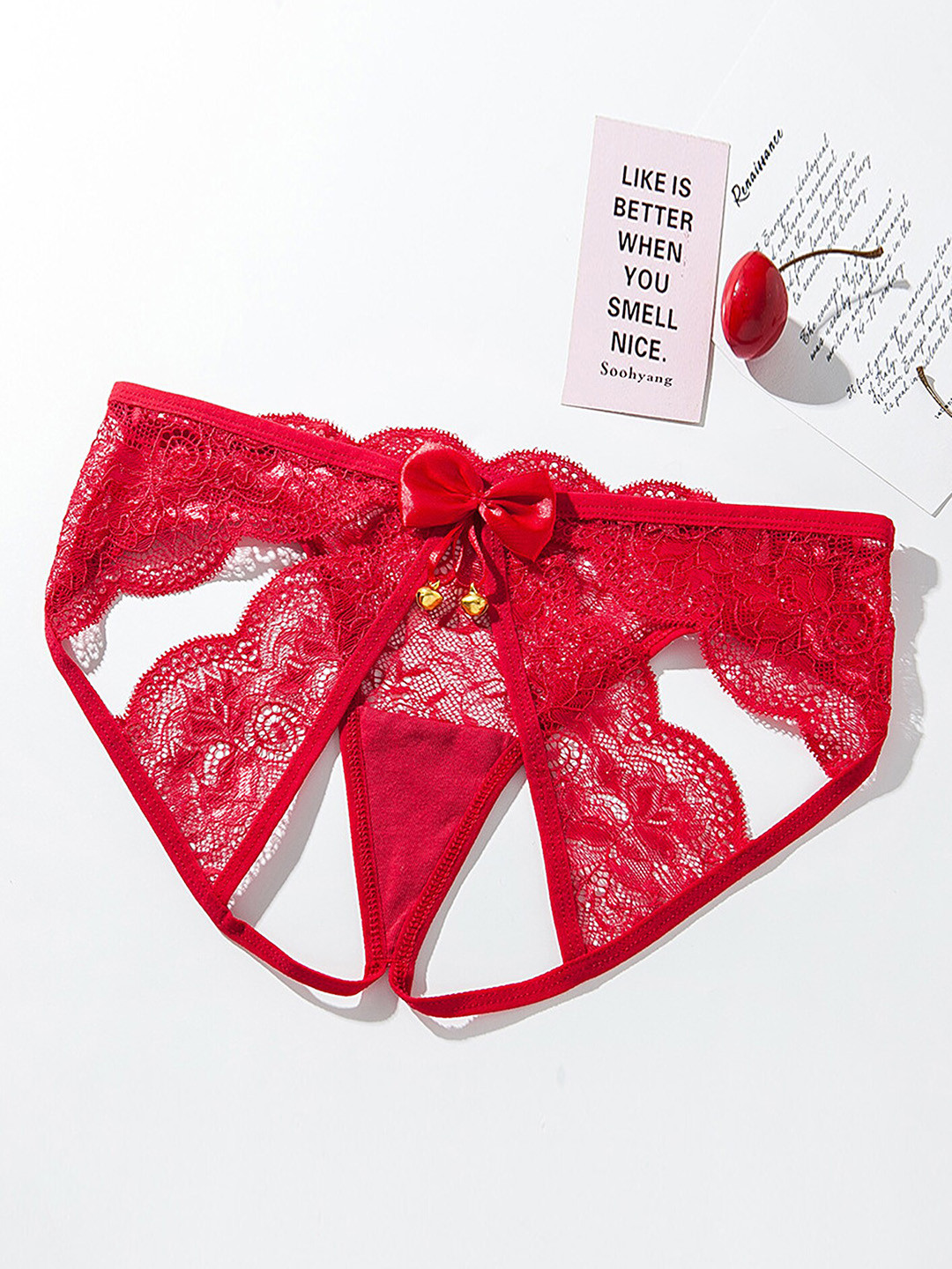 

LULU & SKY Mid-Rise Cut-Out Anti Bacterial Lace Thongs, Red