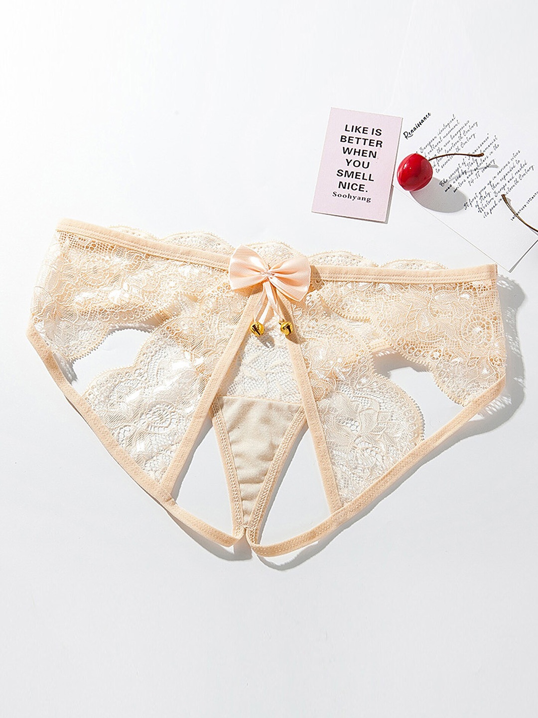 

LULU & SKY Mid-Rise Cut-Out Lace Thongs, Beige