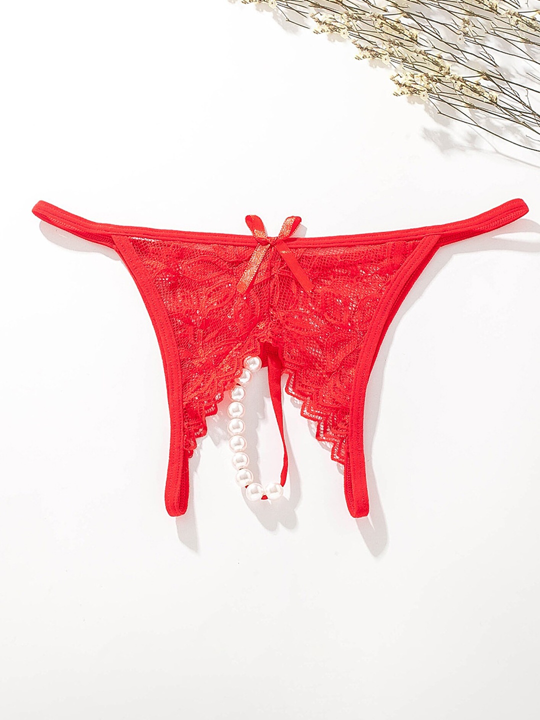 

LULU & SKY Self Design Hollow Out Lace Thongs, Red