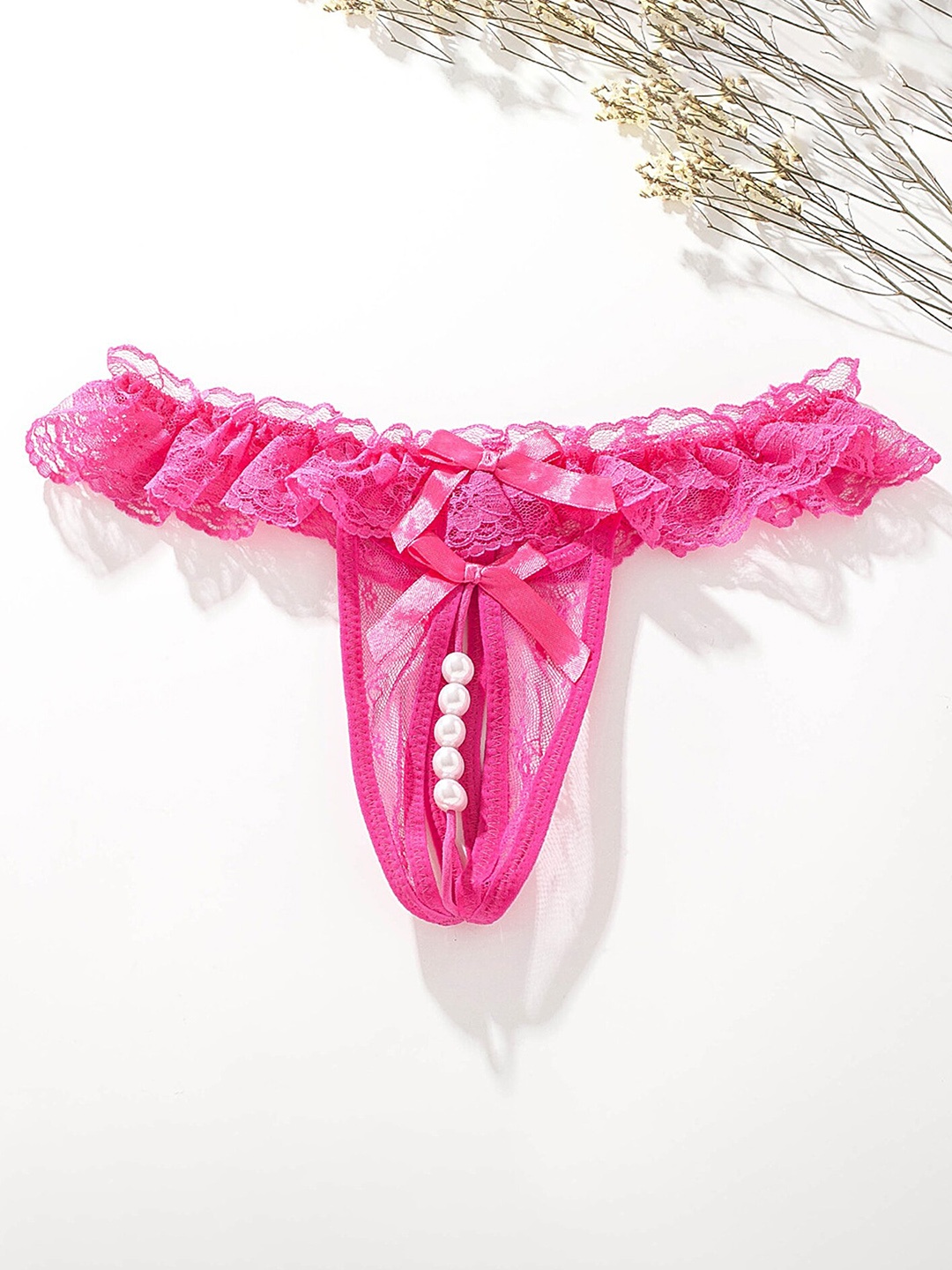 

LULU & SKY Open Crotch Pearly Lace Thong Briefs 2064-ROSE RED