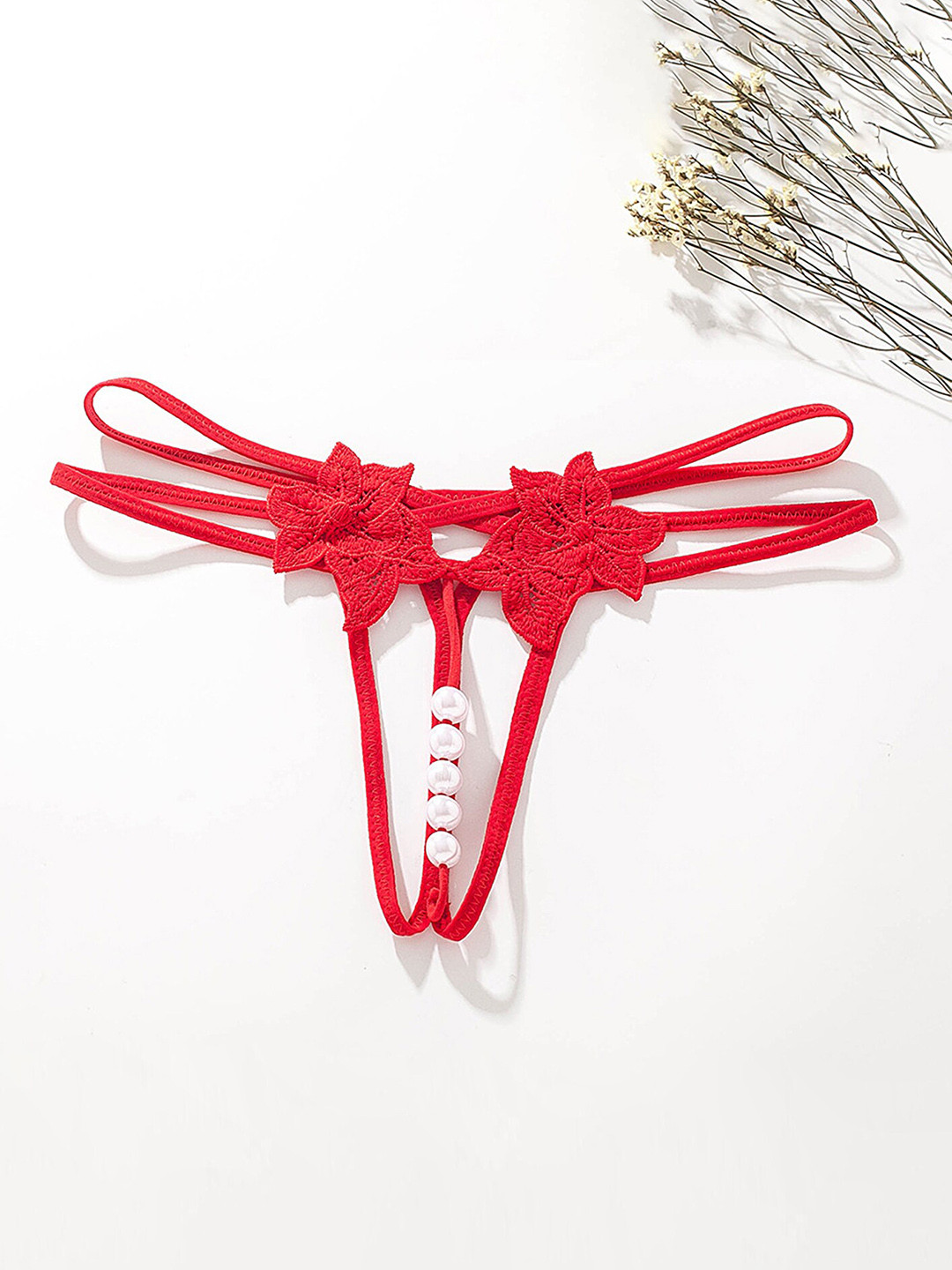 

LULU & SKY Mid-Rise Pearl Detail Double Strap Thongs Briefs 2149-RED