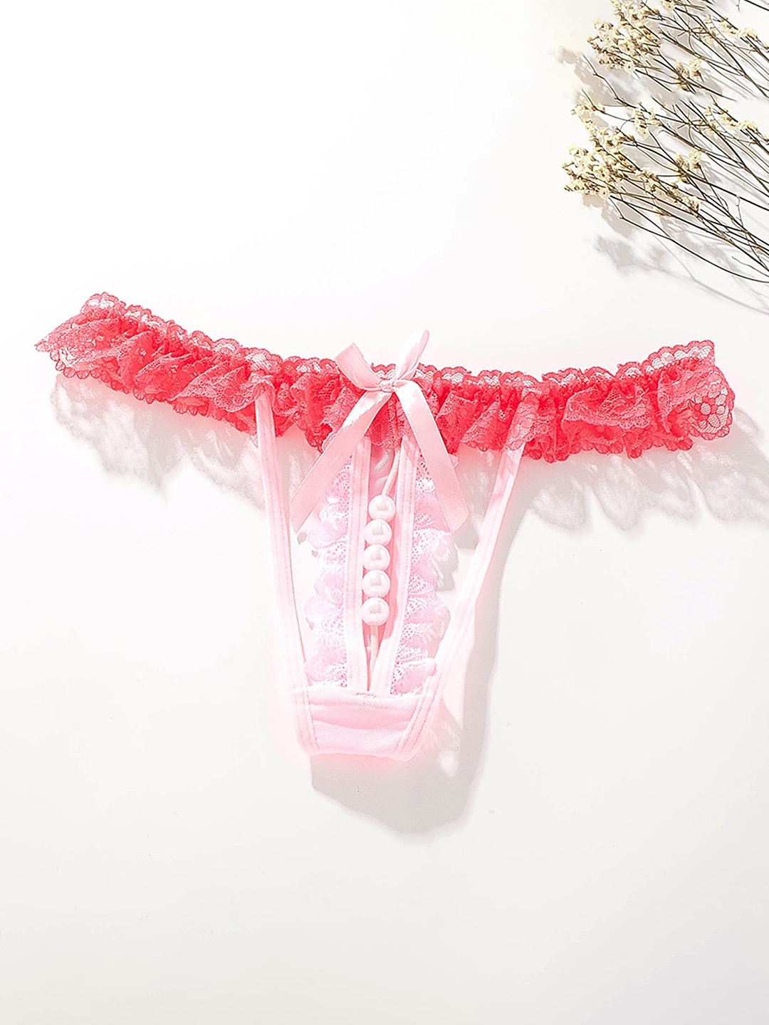 

LULU & SKY Self-Design Pearl Strap Two-Tone Laced Thongs 2167-PINK