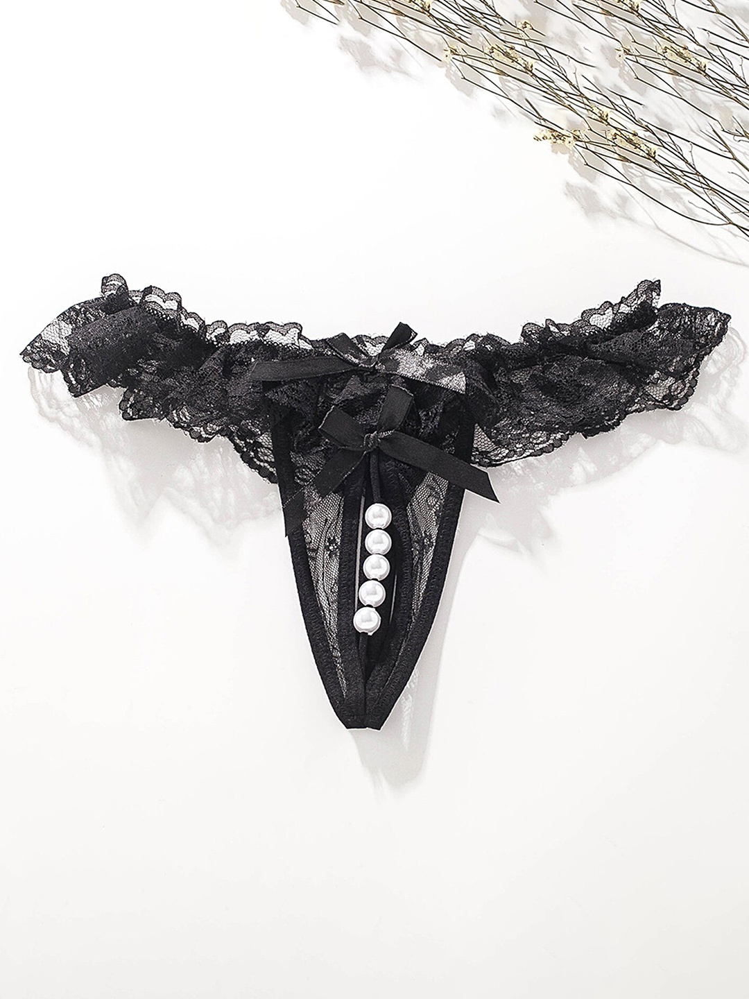 

LULU & SKY Self Design Lace Thong Briefs, Black