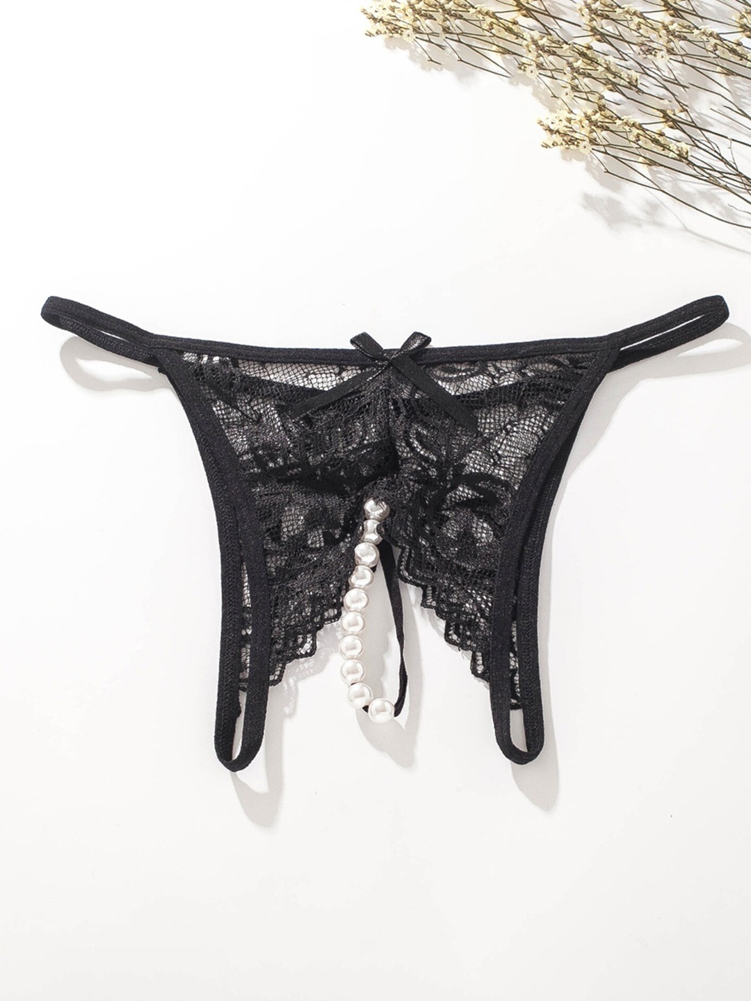 

LULU & SKY Self Design Lace Thongs, Black