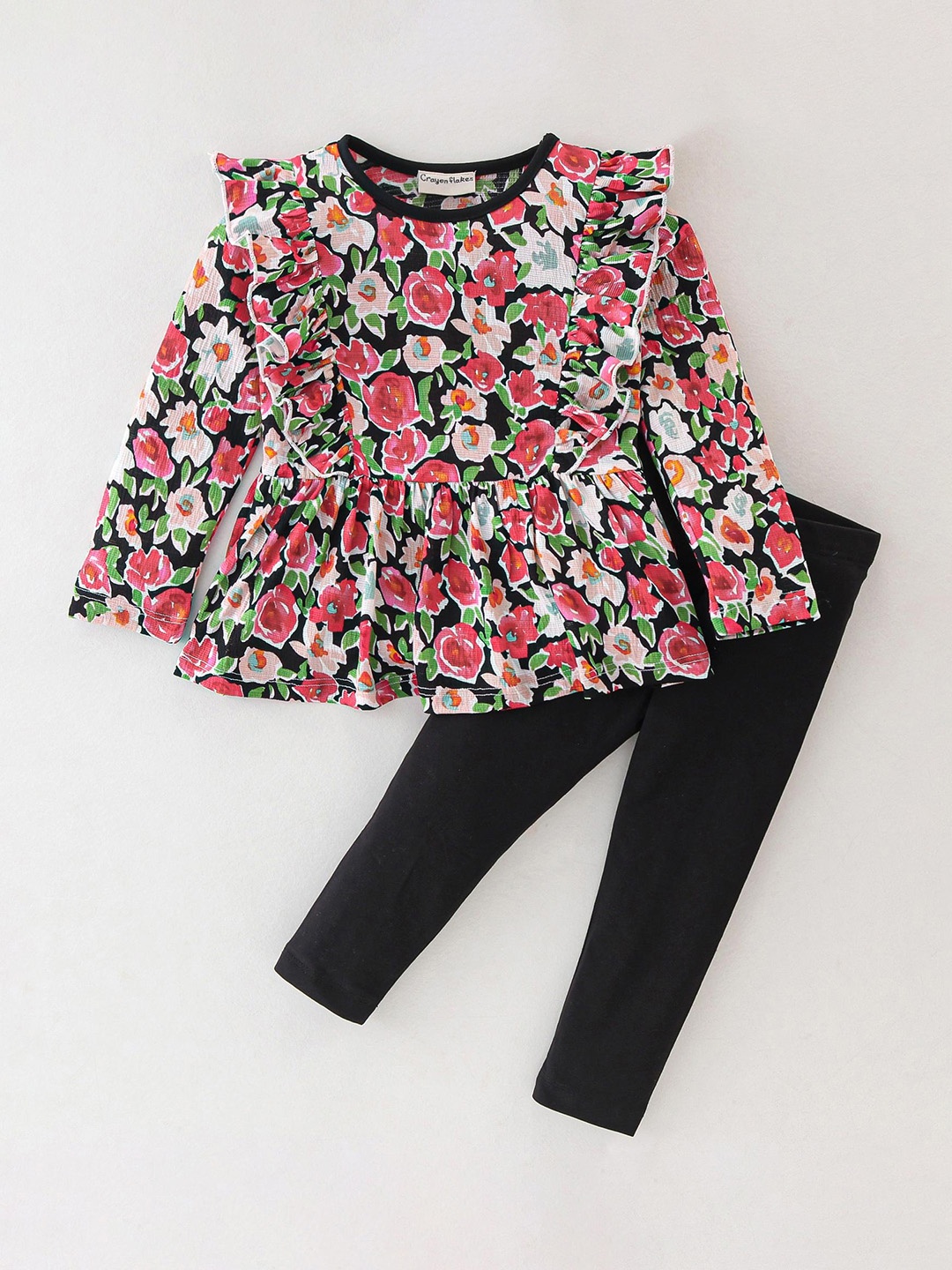 

CrayonFlakes Girls Floral Printed Round Neck Long Sleeves Top with Leggings, Black