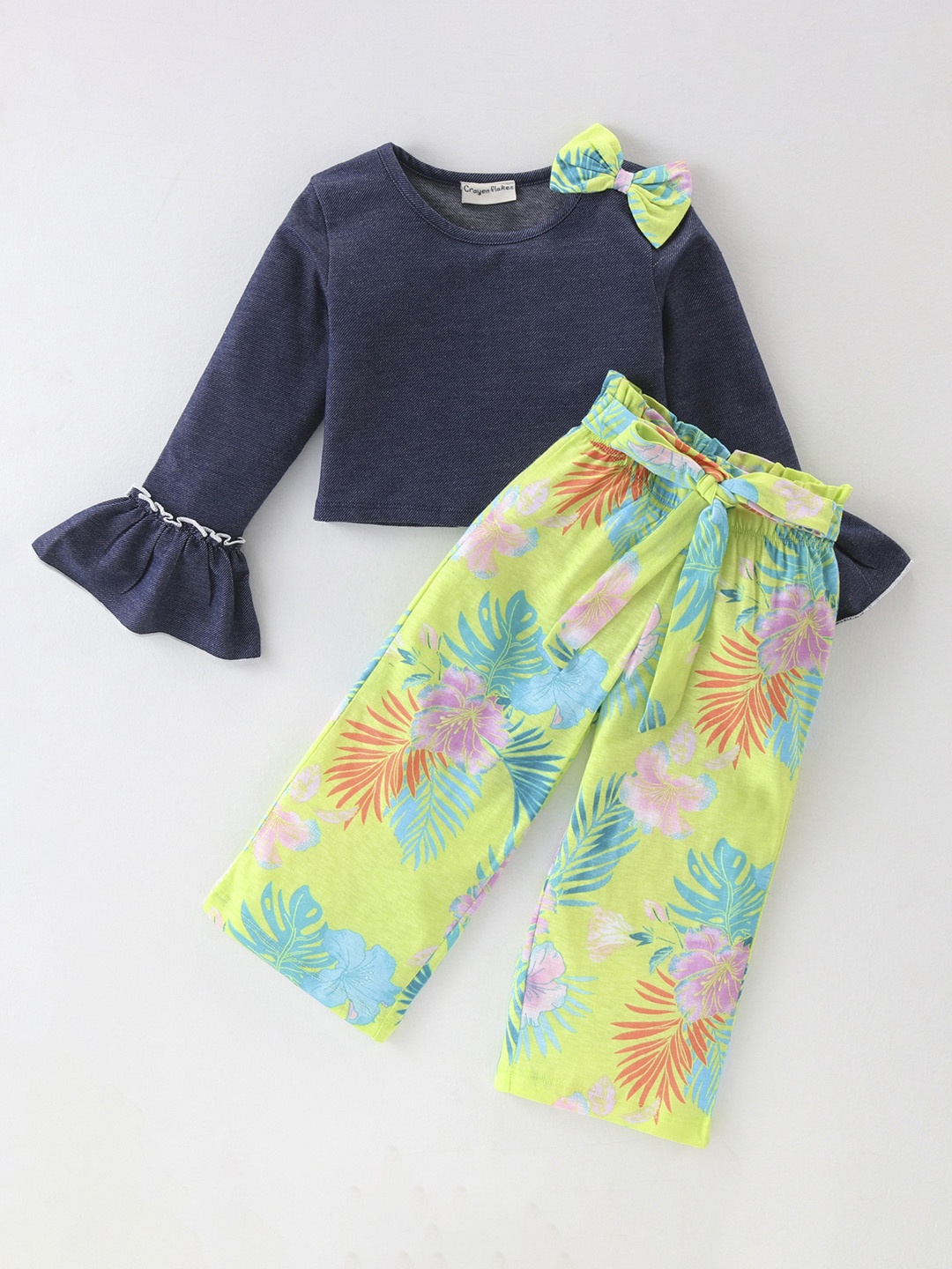 

CrayonFlakes Girls Round Neck Long Sleeves Top with Palazzos, Blue