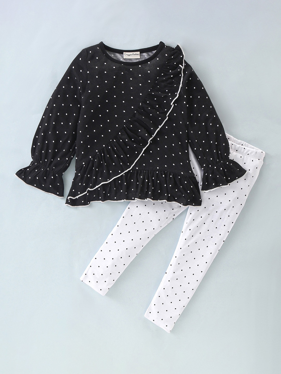 

CrayonFlakes Girls Printed Round Neck Long Bell Sleeves Top with Leggings, Black