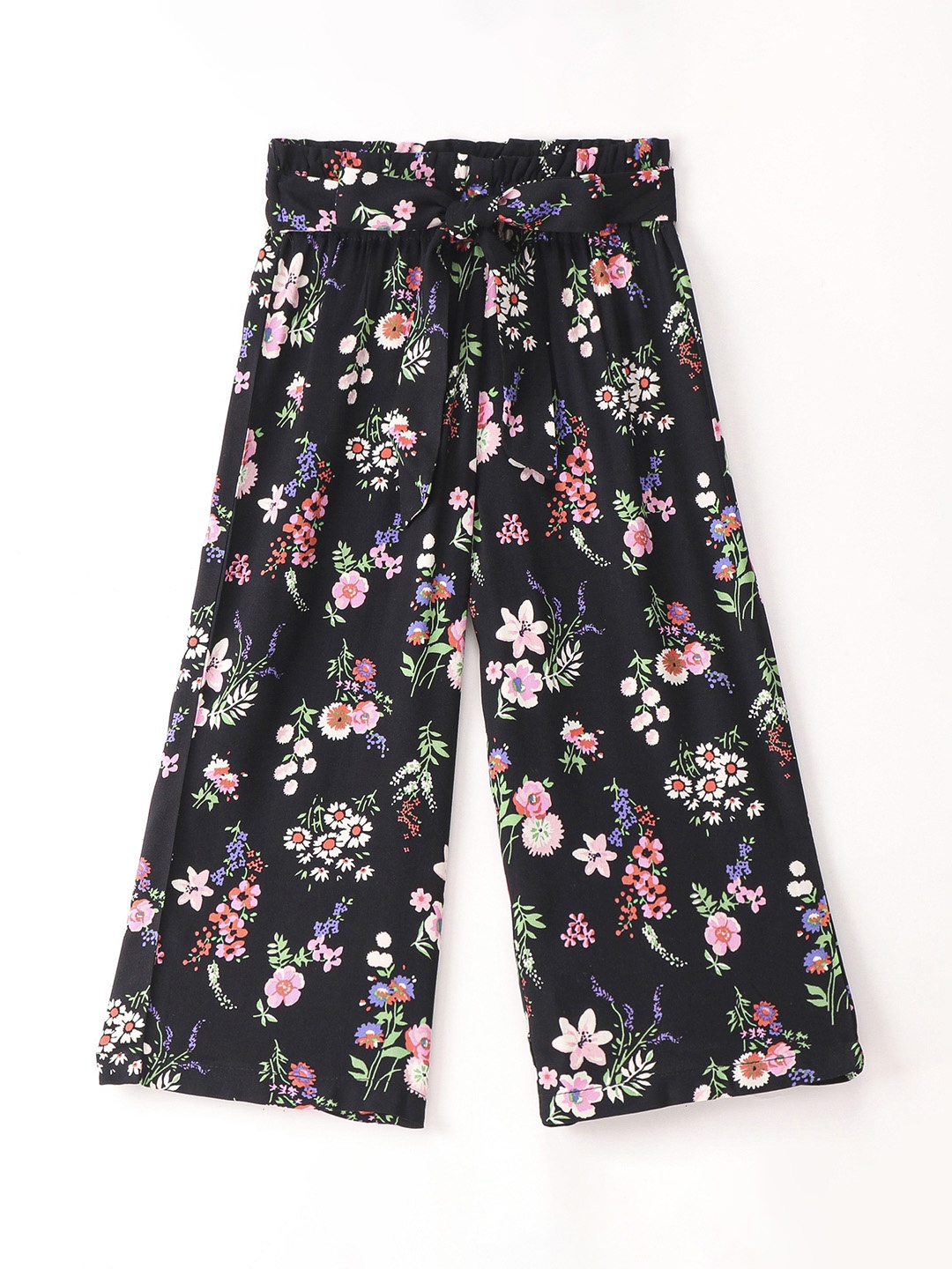 

CrayonFlakes Girls Floral Printed Straight Palazzos, Black