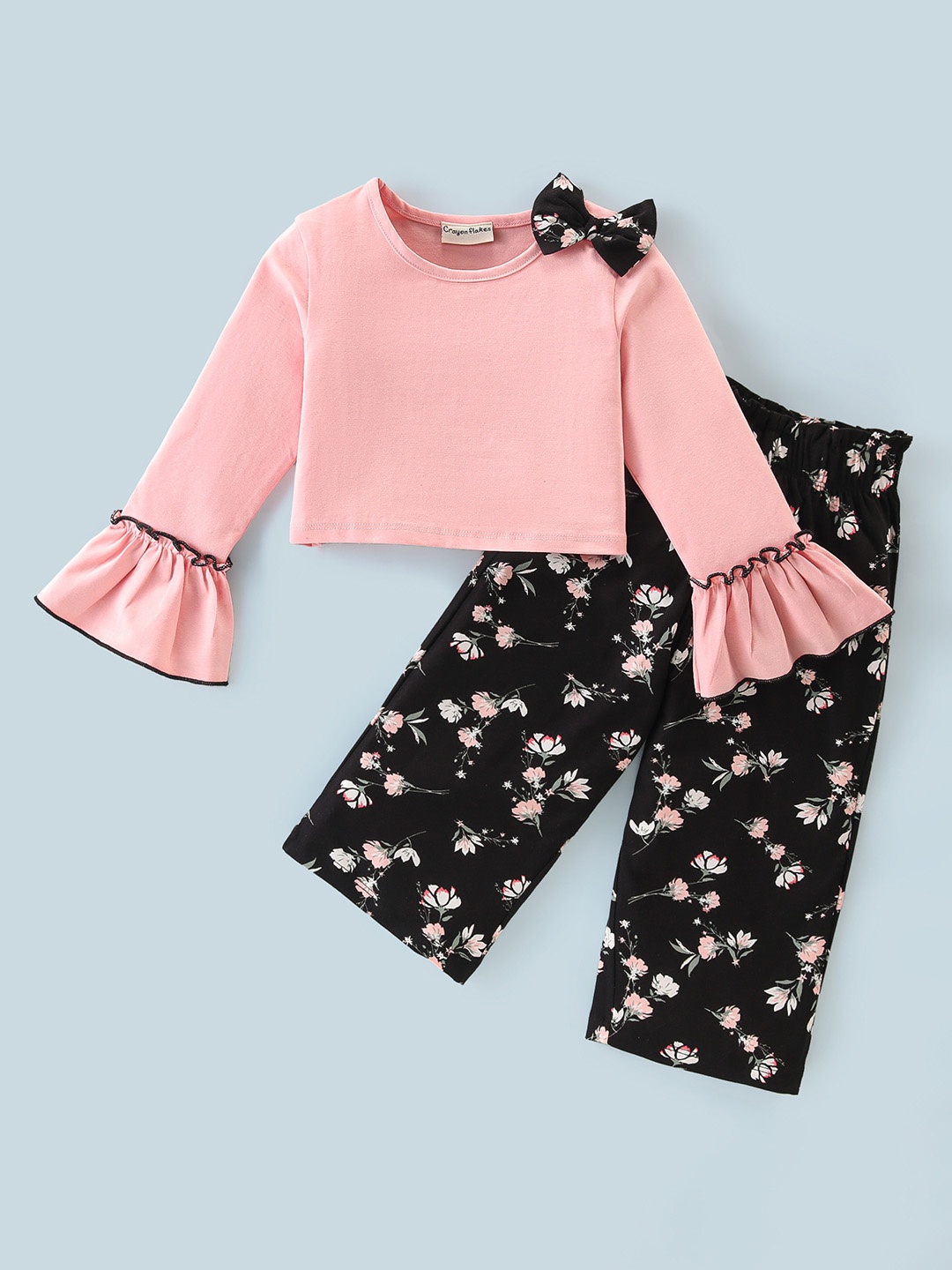 

CrayonFlakes Girls Round Neck Long Sleeves Top with Palazzos, Pink