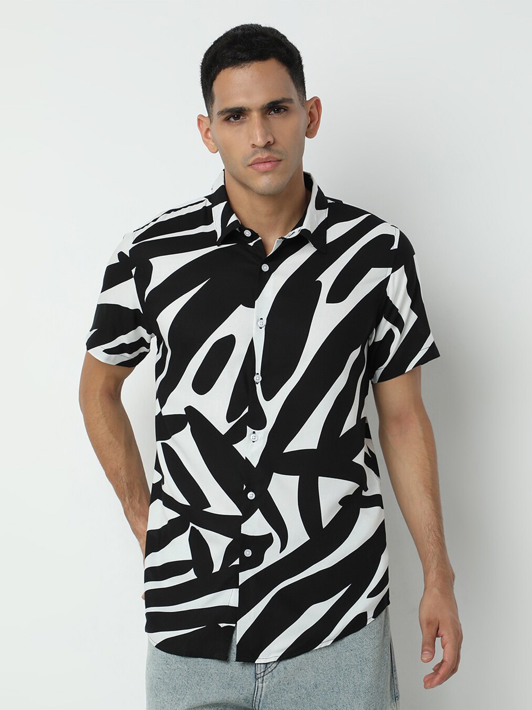 

7Shores Classic Abstract Printed Casual Shirt, Black