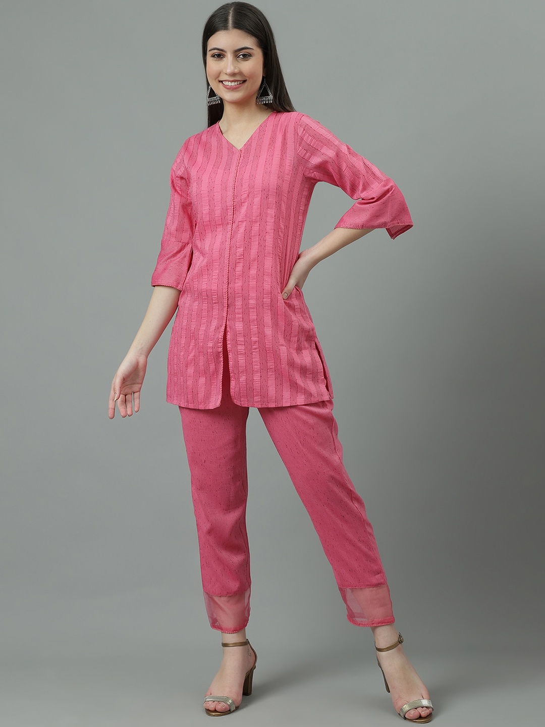 

Sringam Self Design V-Neck Tunic With Trousers, Pink