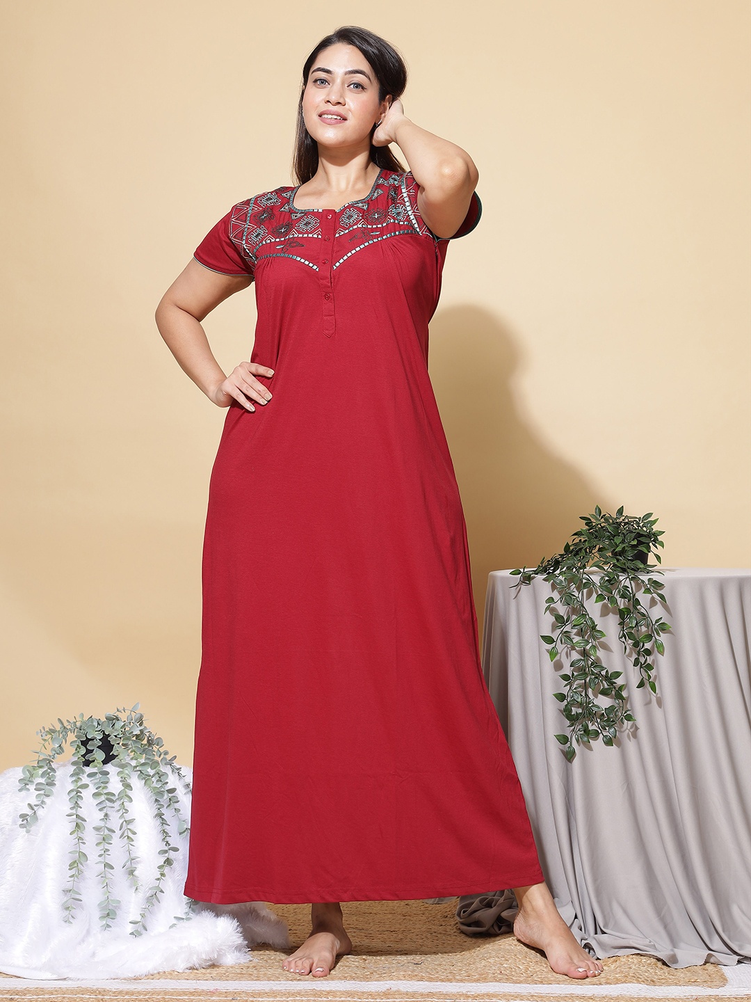 

9shines Label Embroidered Pure Cotton Maxi Nightdress, Maroon