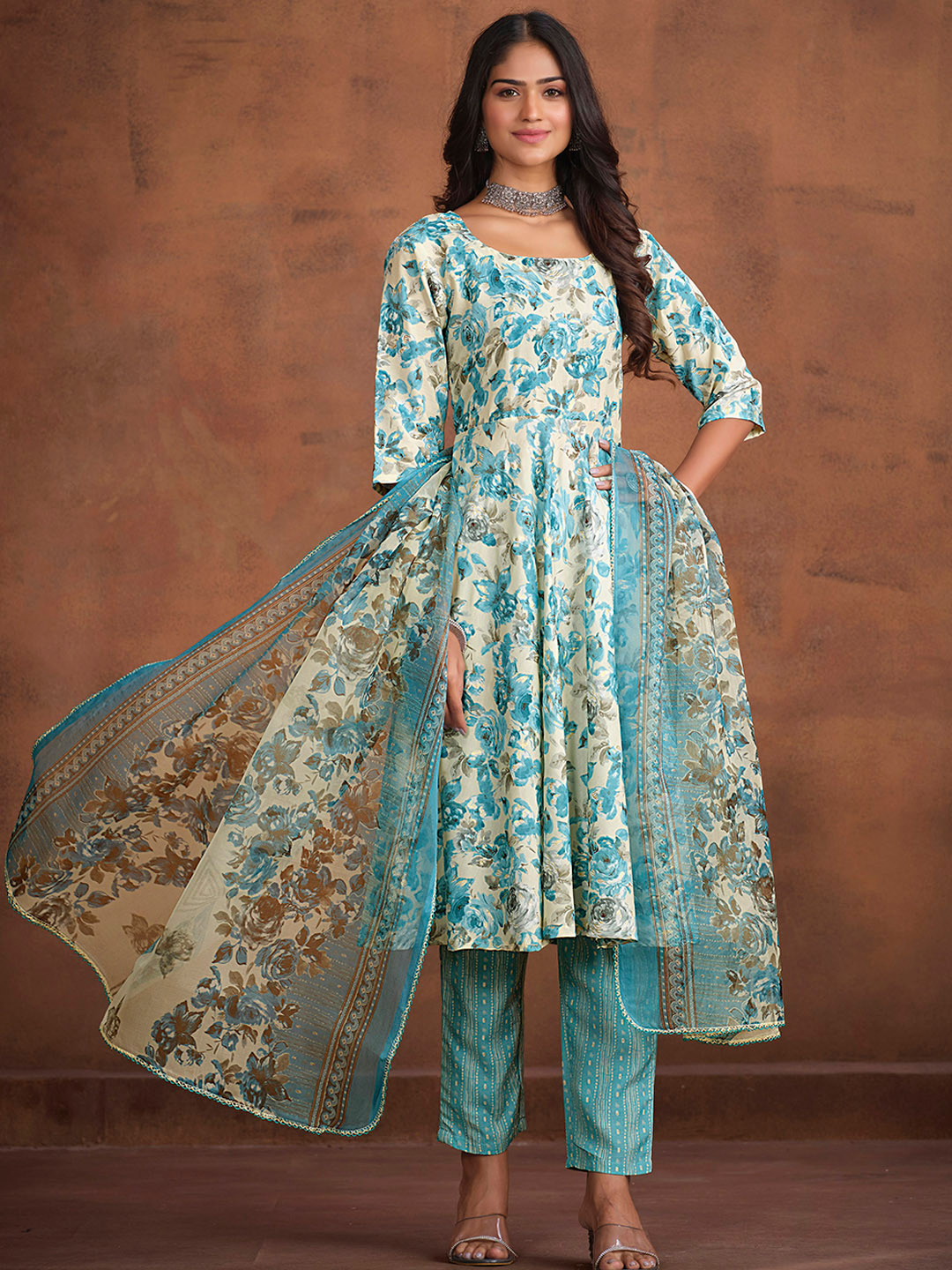 

Sangria Sea Green & Beige Floral Printed A Line Kurta With Trouser & Dupatta