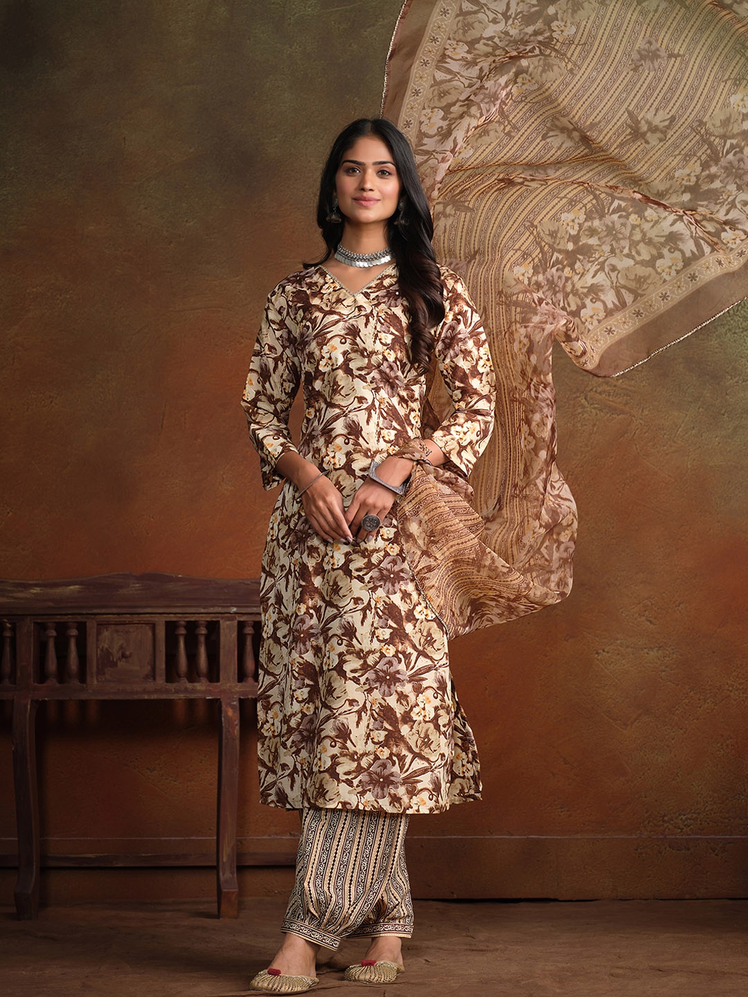 

Sangria Brown & Beige Floral Printed Kurta & Trouser With Dupatta