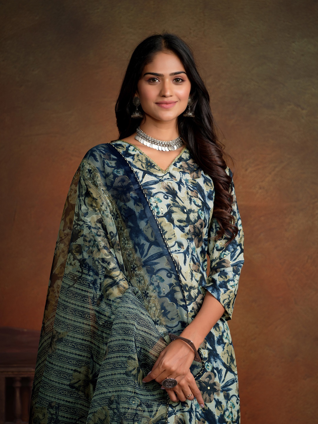 

Sangria Floral Printed A Line Kurta & Patiala With Dupatta, Navy blue