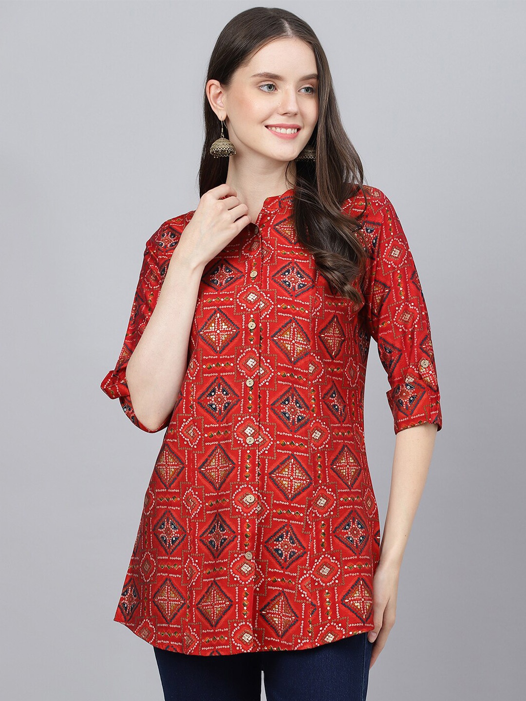 

KALINI Bandhani Printed Roll-Up Sleeves Shirt Style Longline Top, Red