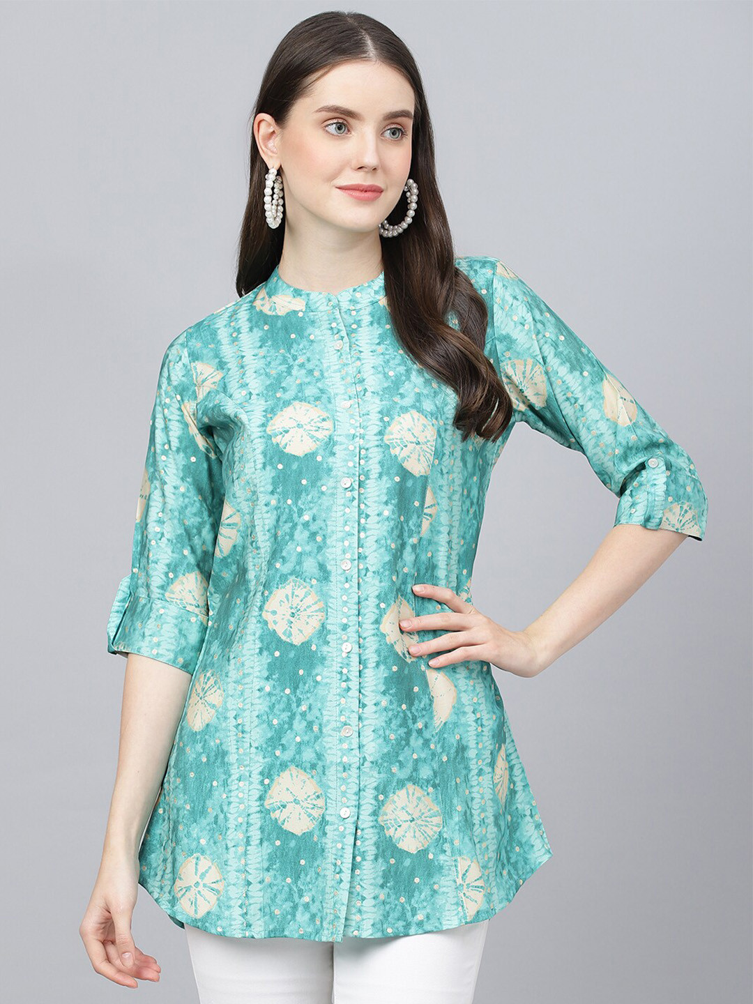 

KALINI Ethnic Motifs Printed Mandarin Collar Roll-Up Sleeves Longline Shirt Style Top, Sea green