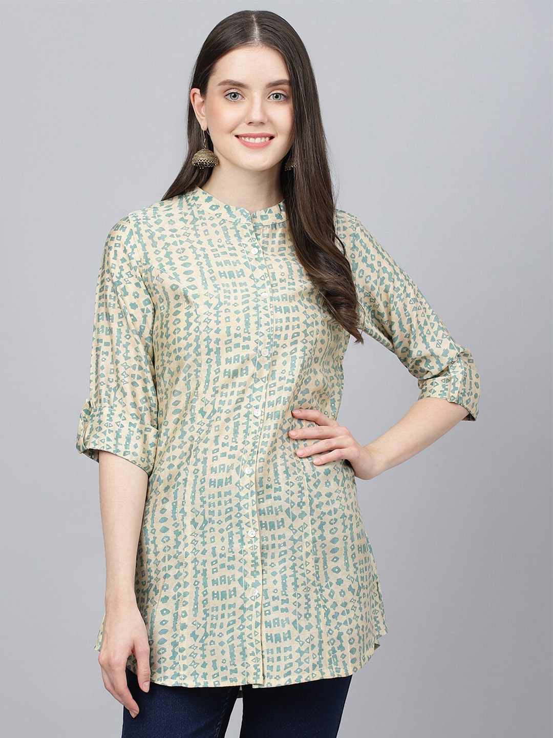 

KALINI Ethnic Motifs Printed Mandarin Collar Shirt Style Top, Cream