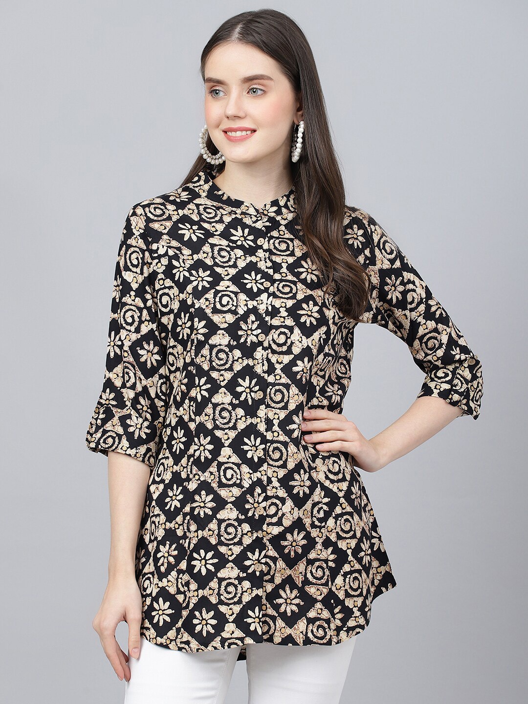 

KALINI Ethnic Motifs Printed Mandarin Collar Roll-Up Sleeves A-line Kurti, Black