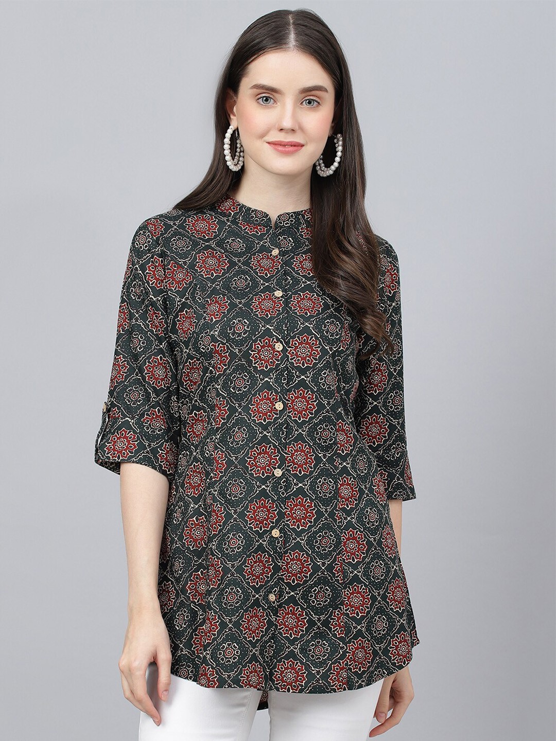 

KALINI Ethnic Motifs Printed Mandarin Collar Roll-Up Sleeves Longline Shirt Style Top, Green