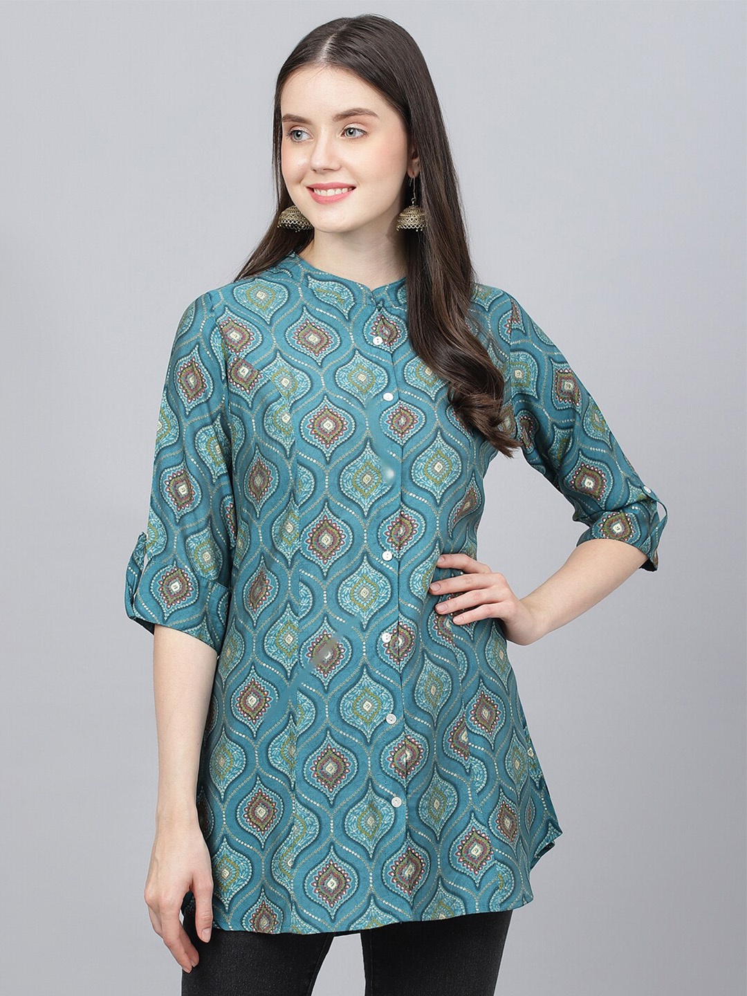 

KALINI Ethnic Motifs Printed Mandarin Collar Roll-Up Sleeves Longline Shirt Style Top, Teal