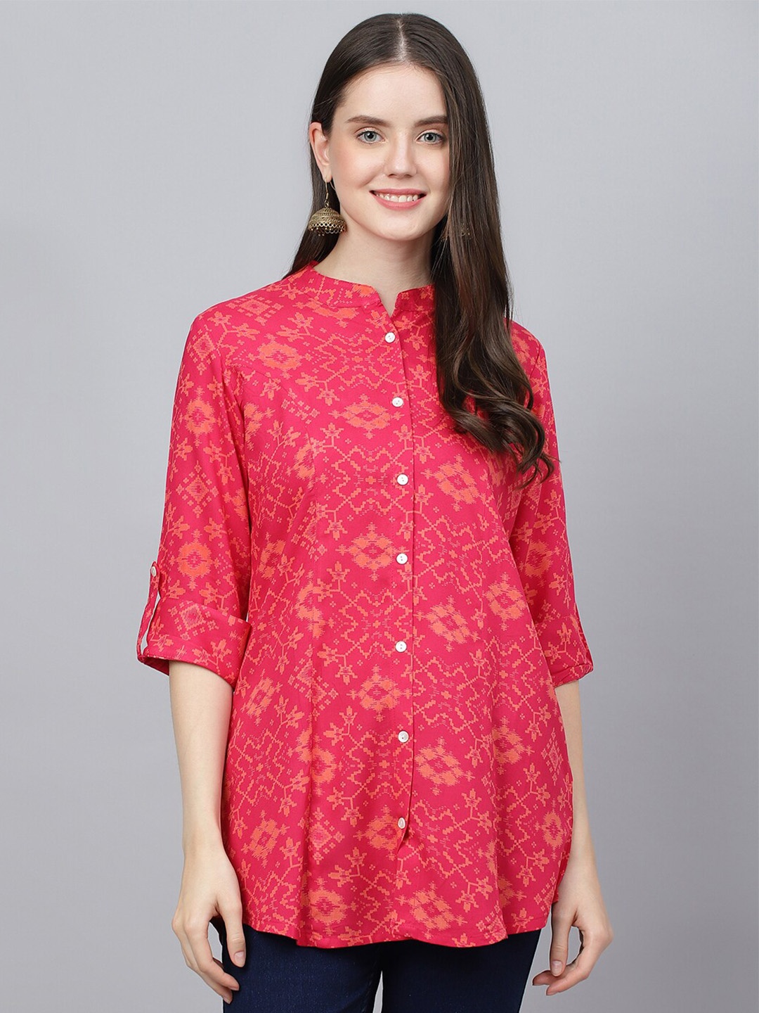 

KALINI Ethnic Motifs Printed Mandarin Collar Shirt Styled Top, Pink