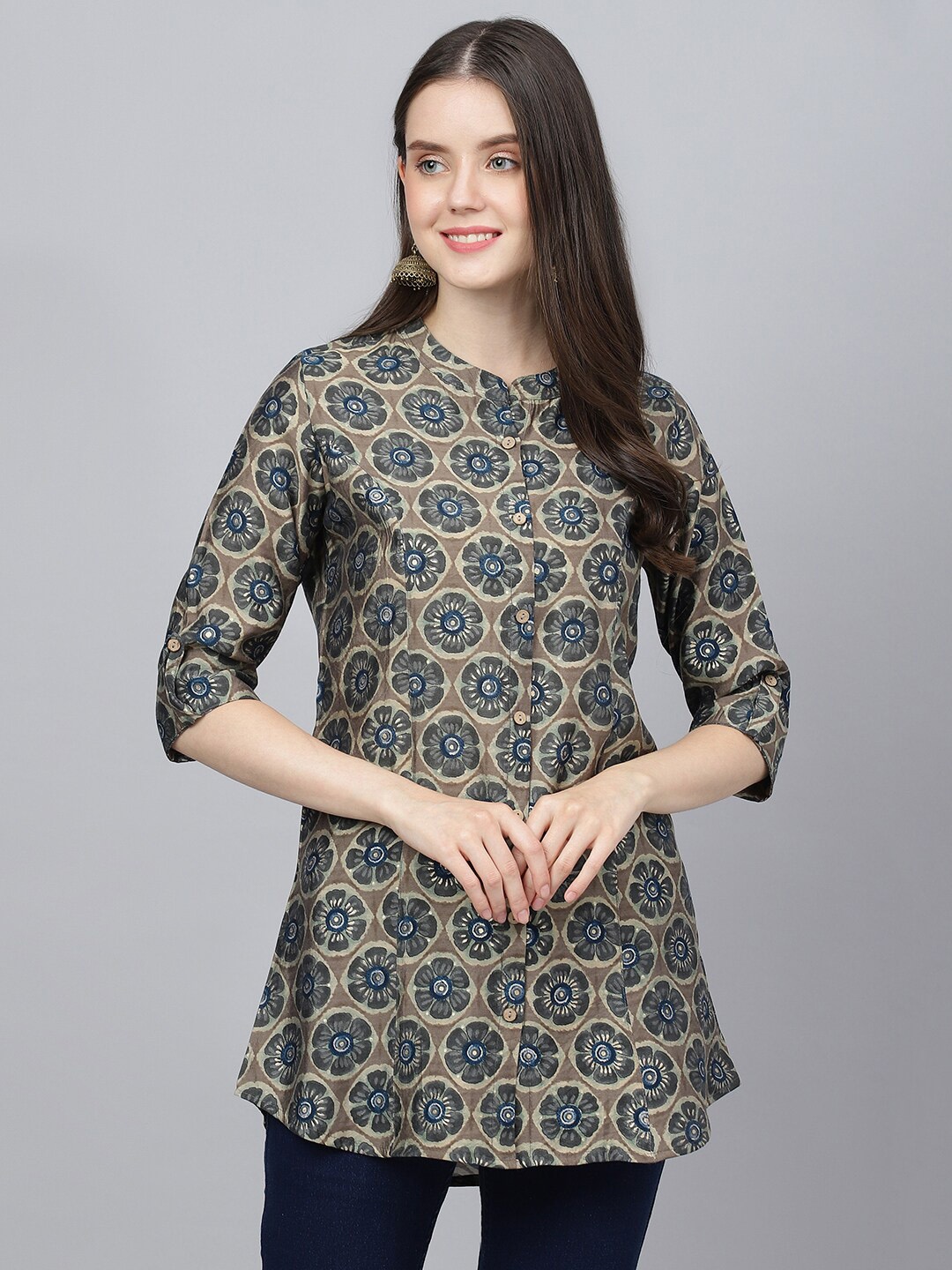 

KALINI Floral Printed Mandarin Collar Modal A-Line Kurti, Brown