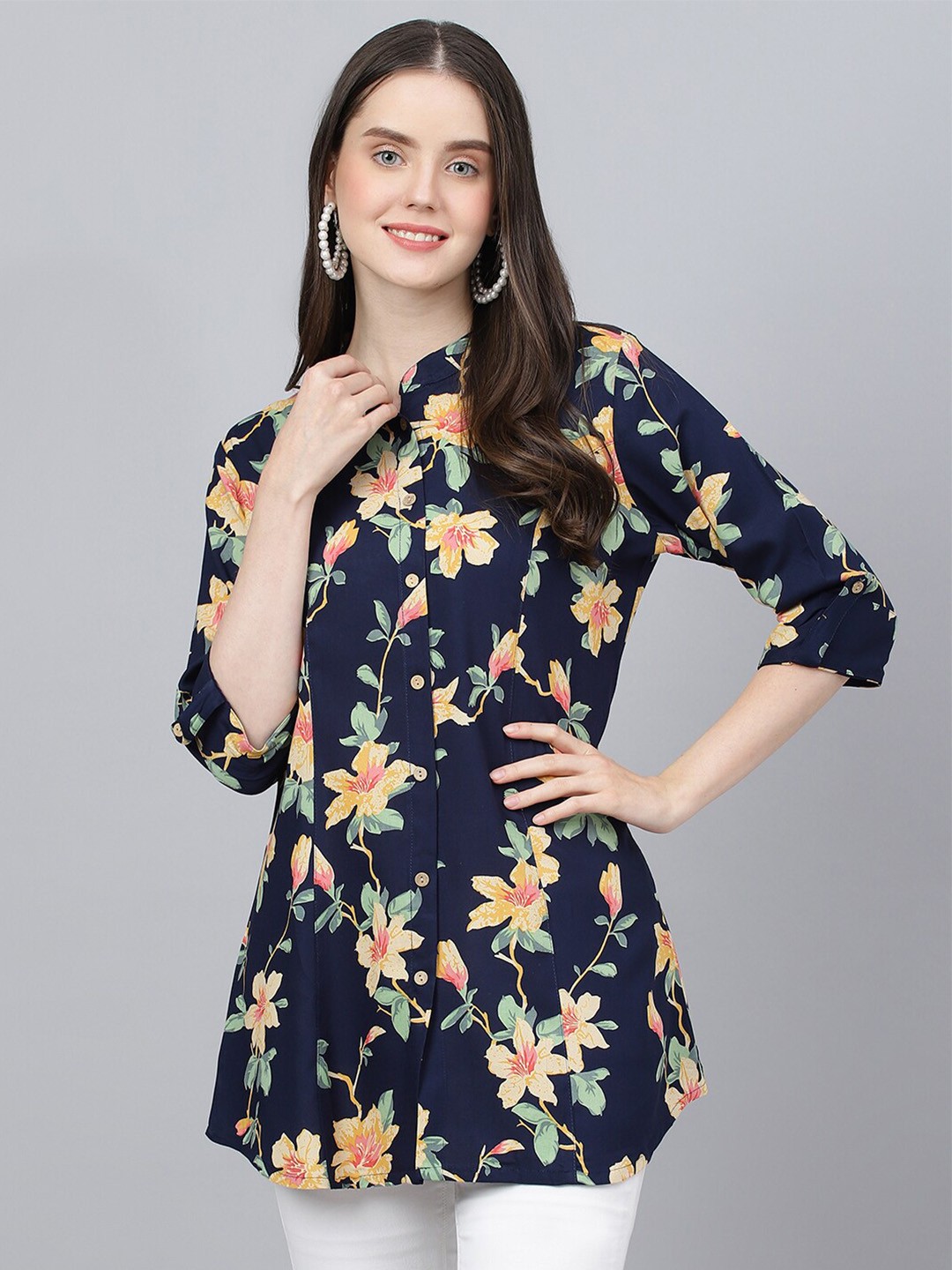 

KALINI Floral Printed Roll-Up Sleeves Shirt Style Longline Top, Navy blue