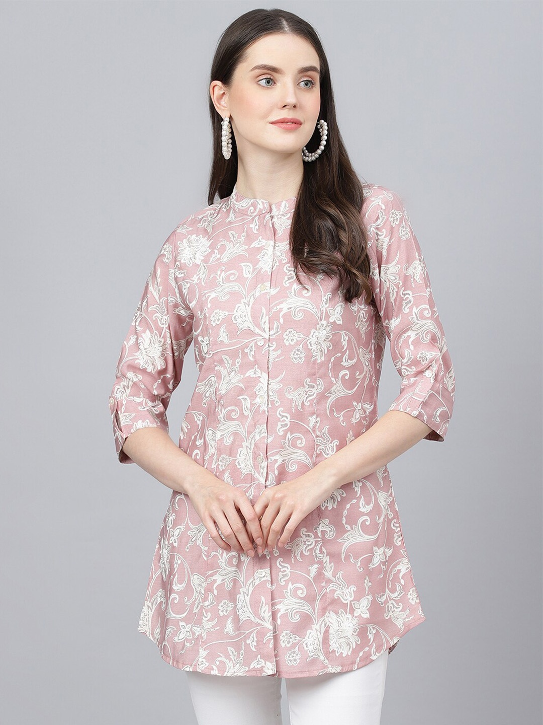 

KALINI Floral Printed Roll-Up Sleeves Shirt Style Longline Top, Pink