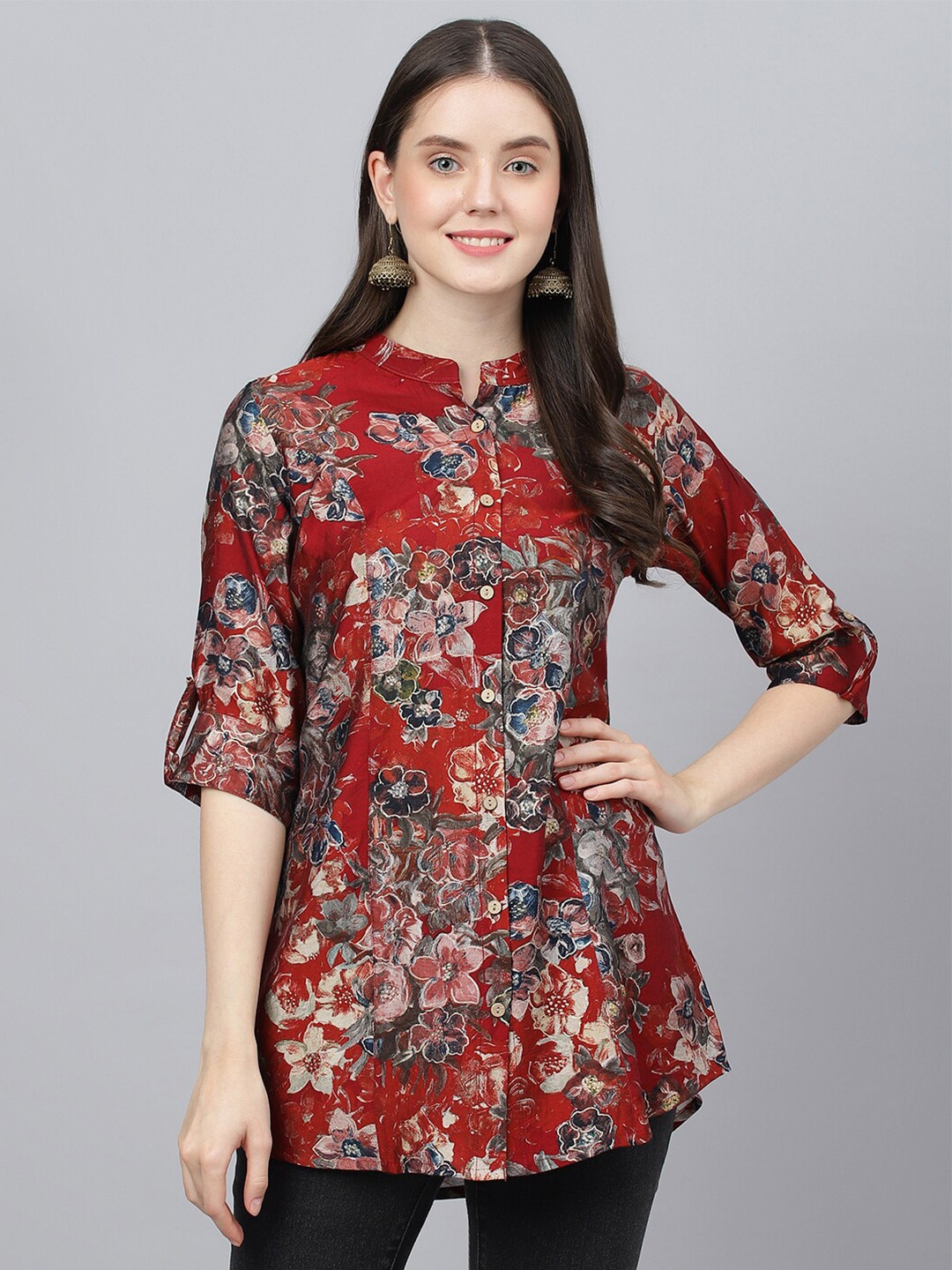 

KALINI Floral Printed Roll-Up Sleeves Shirt Style Longline Top, Maroon