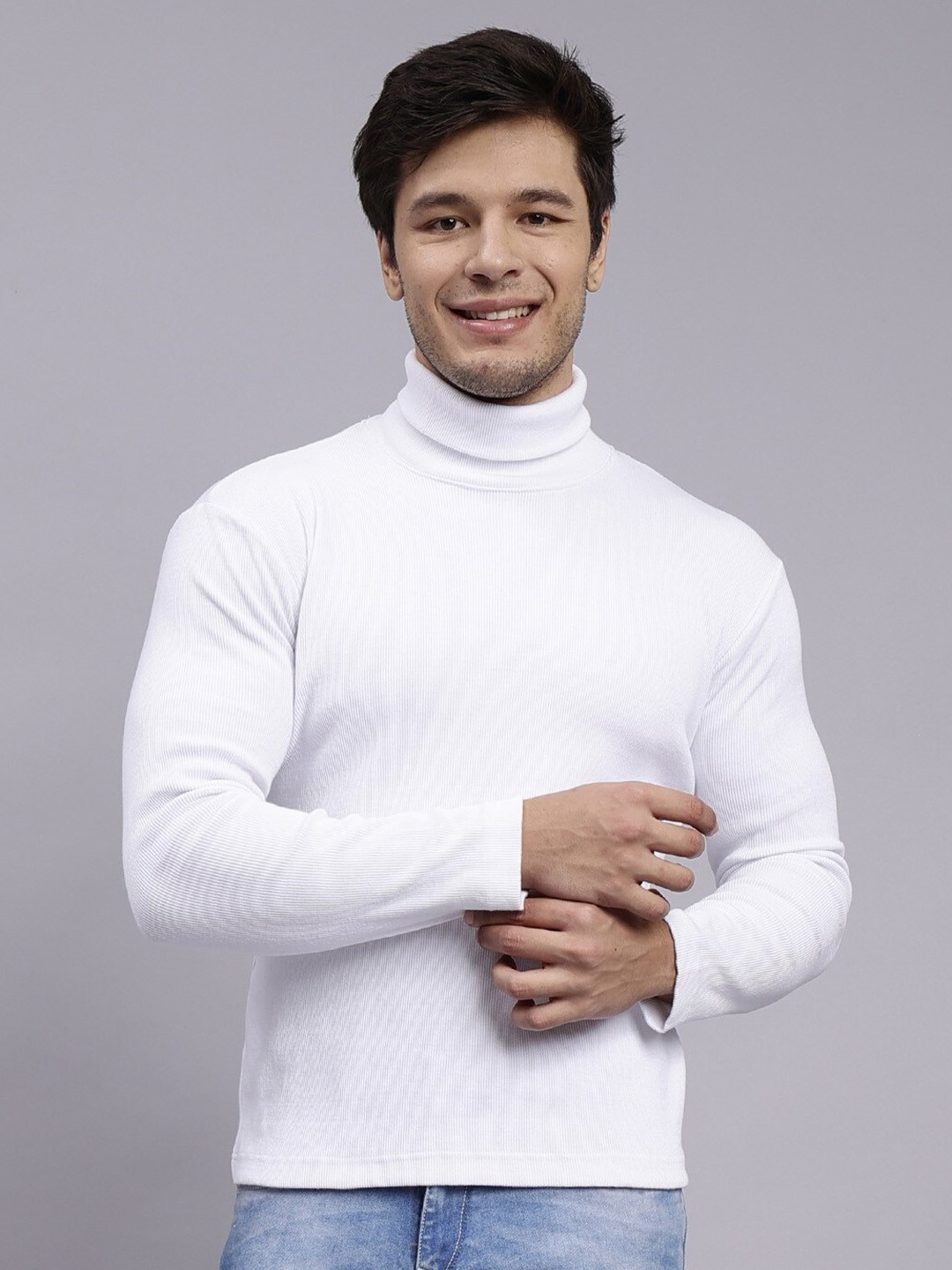 

NUEVOSDAMAS Ribbed Turtle Neck Cotton Pullover, White