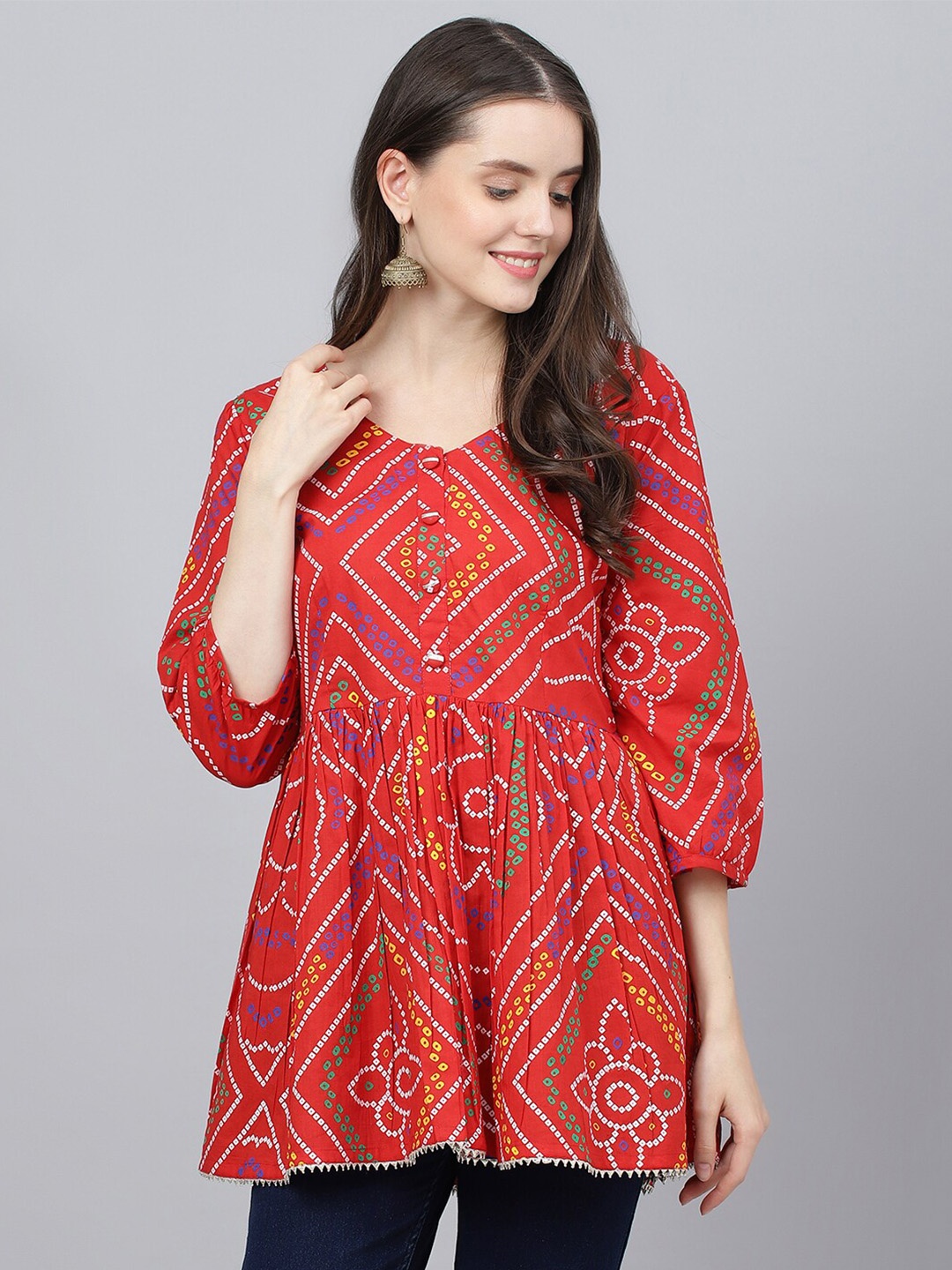 

KALINI Ethnic Motifs Printed Cotton Empire Kurti, Red