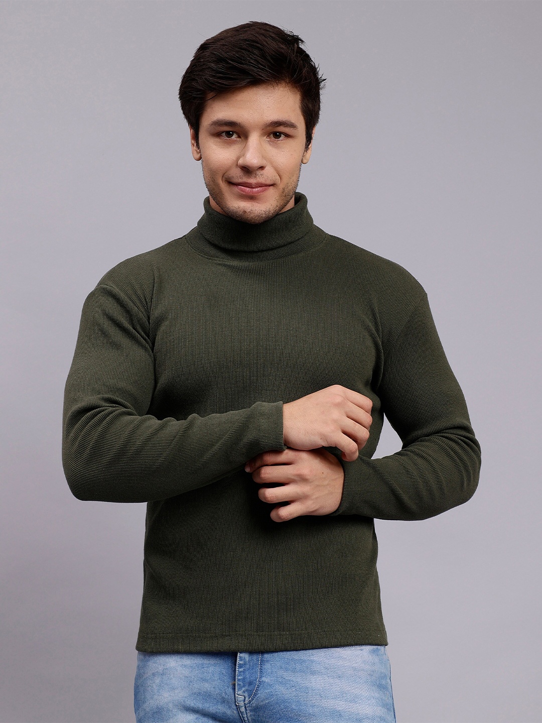 

NUEVOSDAMAS Ribbed Turtle Neck Cotton Pullover, Olive