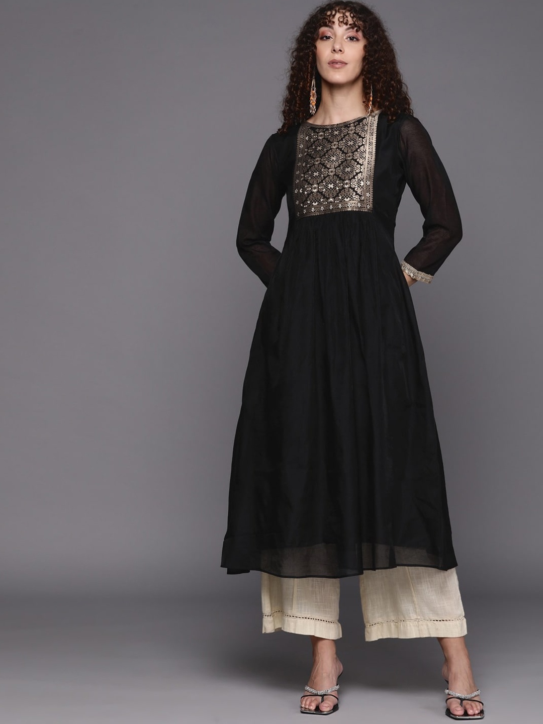 

Inddus Ethnic Motifs Yoke Design Chanderi Cotton A-Line Kurta, Black