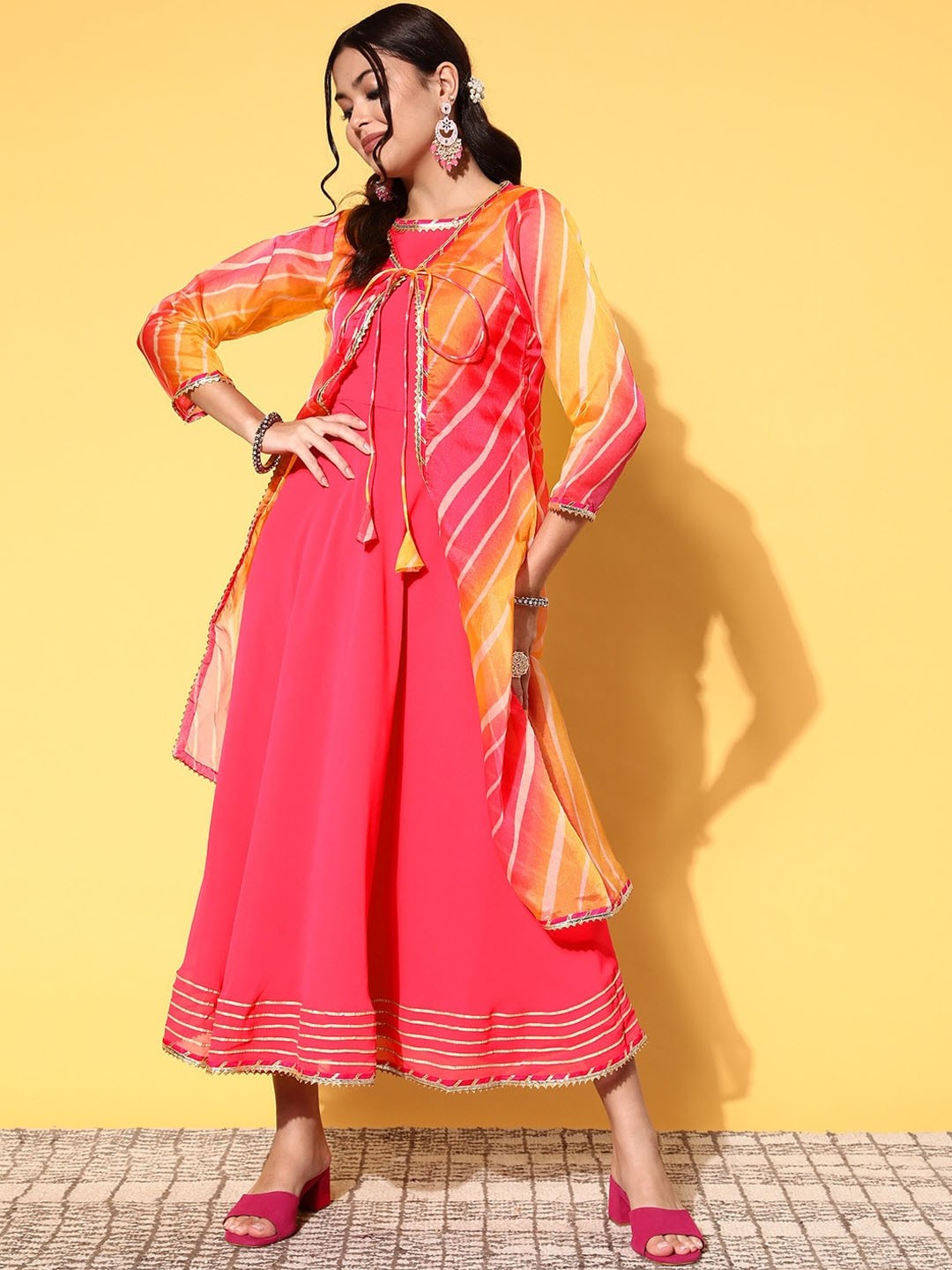 

Inddus Sleeveless A-Line Georgette Ethnic Dress With Shrug, Pink