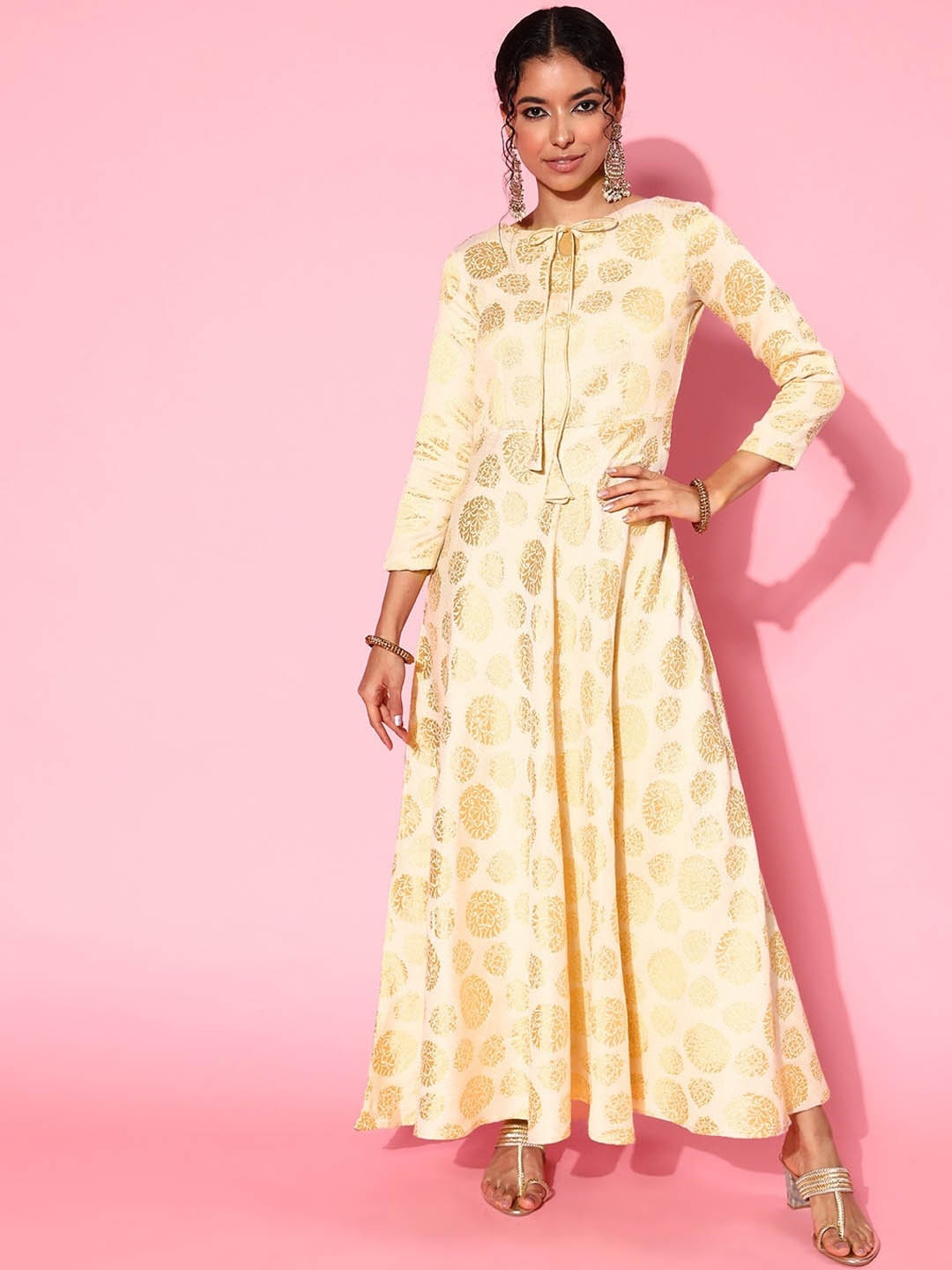 

Inddus Ethnic Motifs Printed A-Line Silk Kurta, Cream