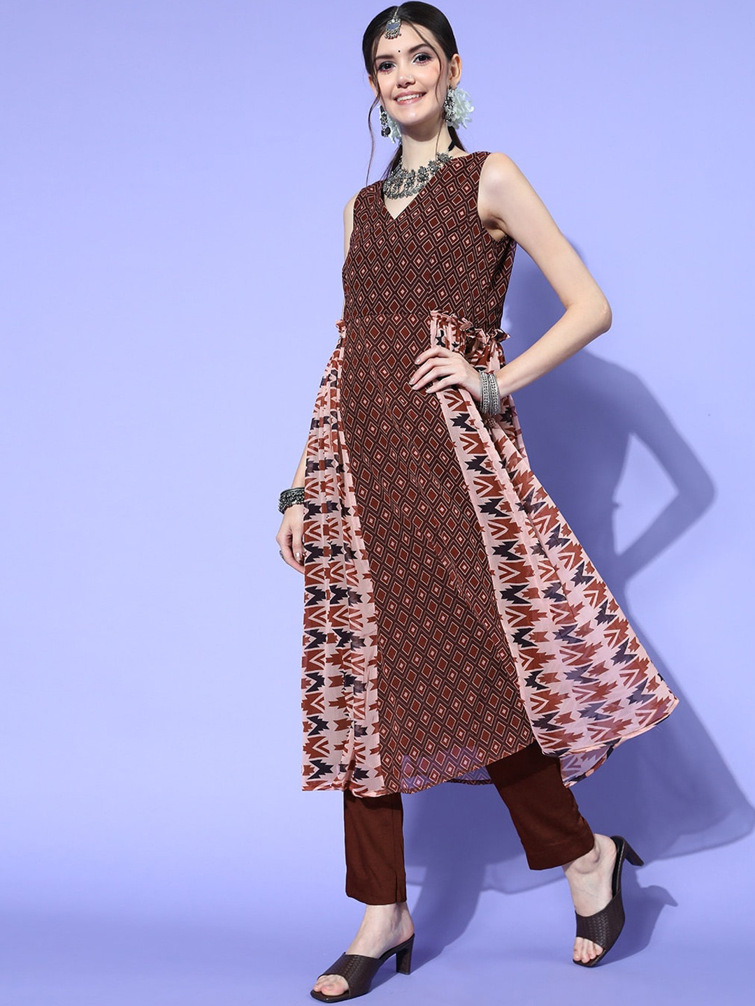 

Inddus Brown Geometric Printed V-Neck Panelled A-Line Kurta With Trouser