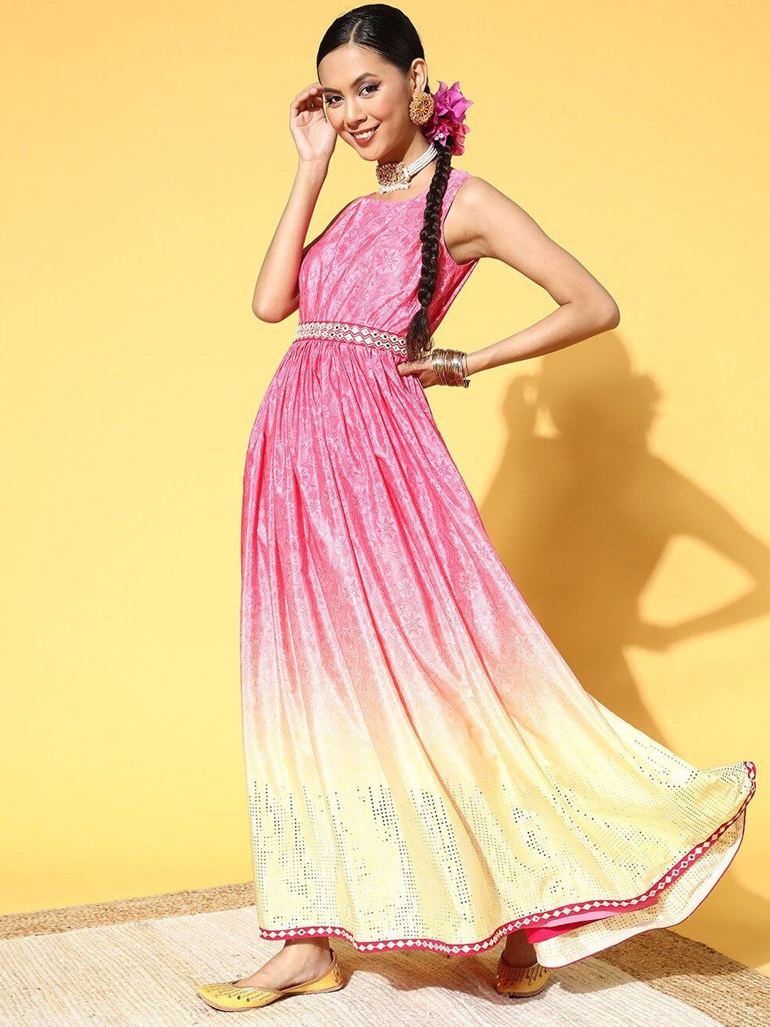 

Inddus Embroidered Flared Maxi Dress, Pink