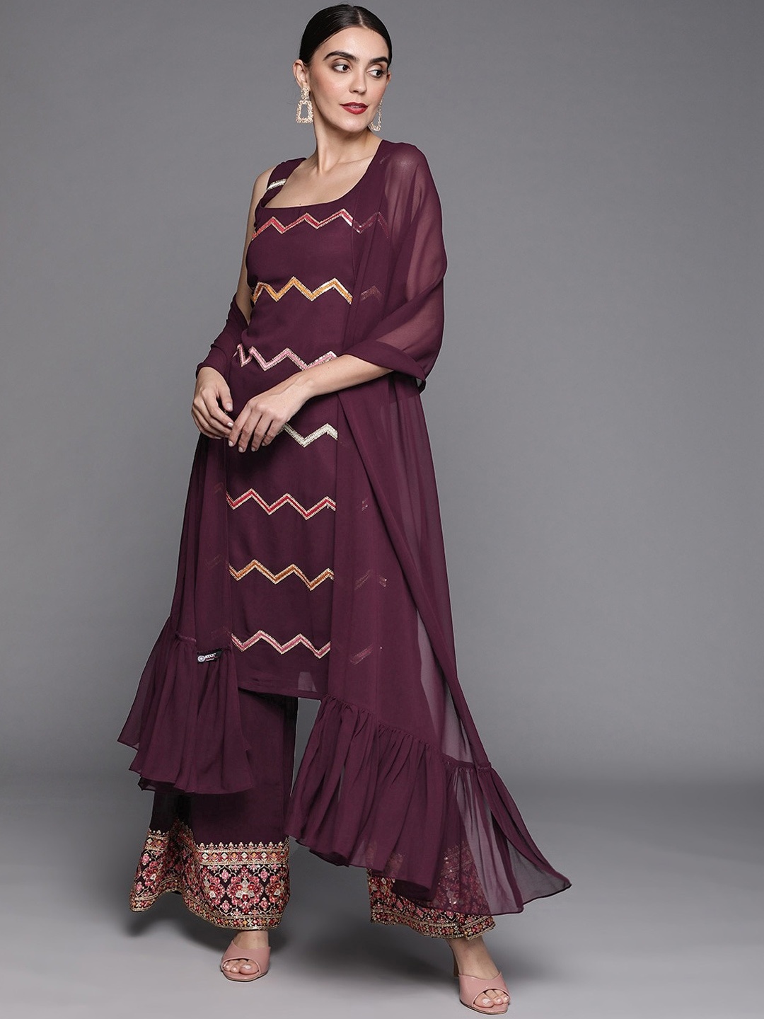 

Inddus Chevron Embroidered Sequinned Kurta With Palazzos & Dupatta, Mauve