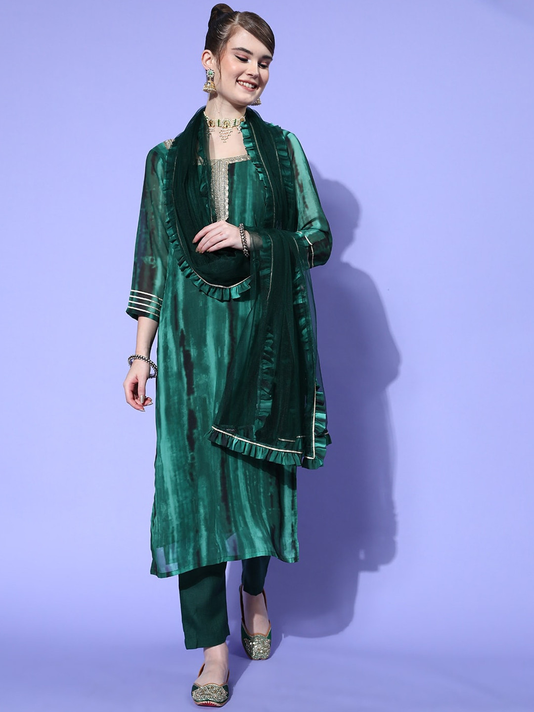

Inddus Yoke Design Sequinned Kurta & Trousers With Dupatta, Green
