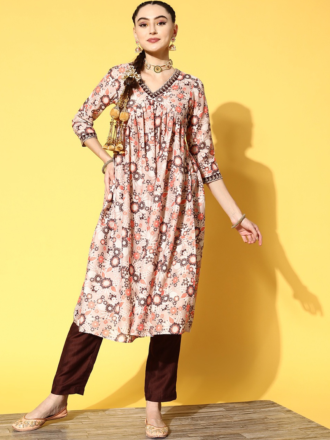 

Inddus Floral Printed V-Neck Anarkali Empire Sequins Kurta With Trouser, Brown